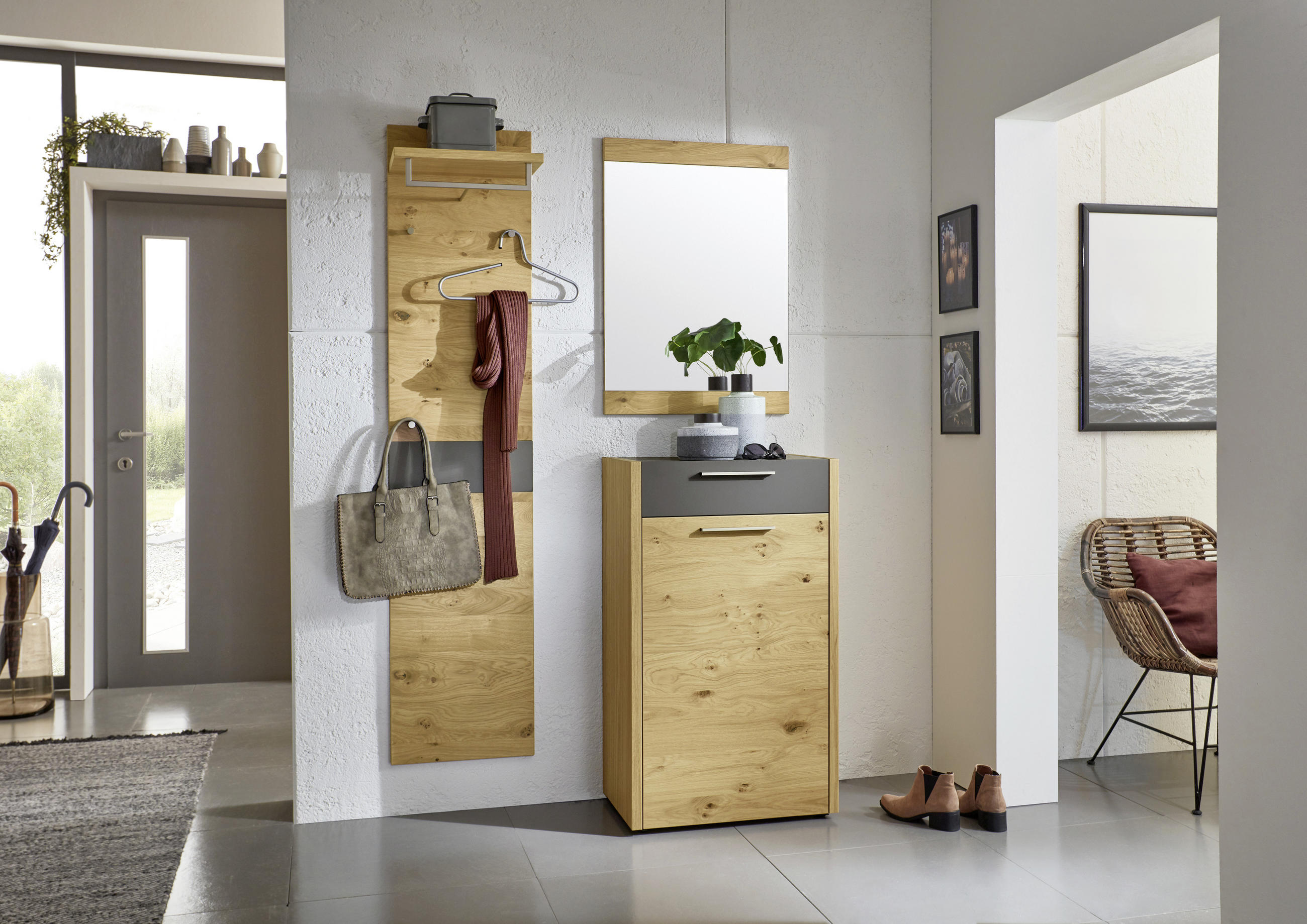 GARDEROBE Grau, Eichefarben - Eichefarben/Grau, Design, Glas/Holz (115/195/37cm)