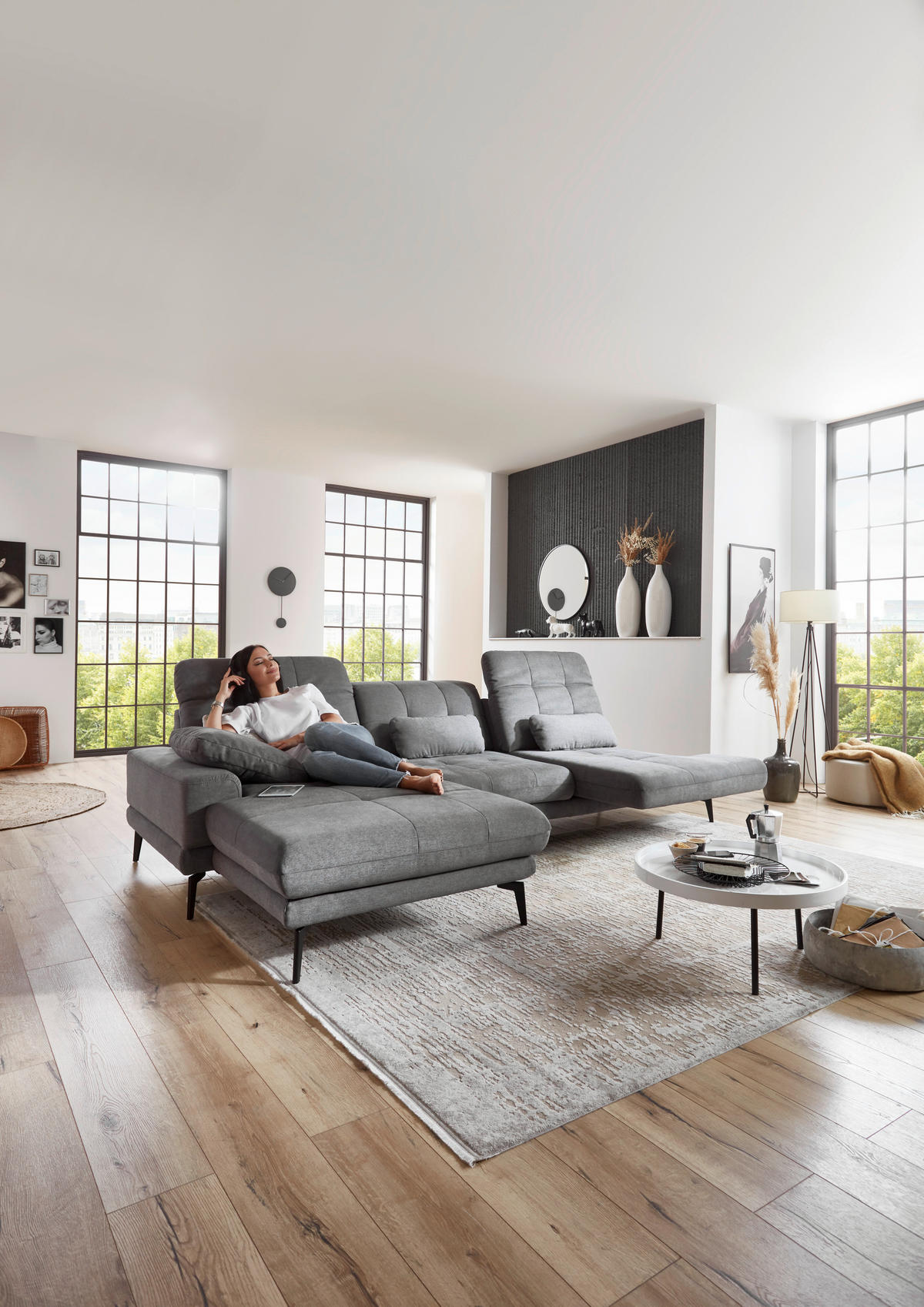 ECKSOFA in Flachgewebe Grau  - Schwarz/Grau, Design, Textil/Metall (190/309cm) - Beldomo Style