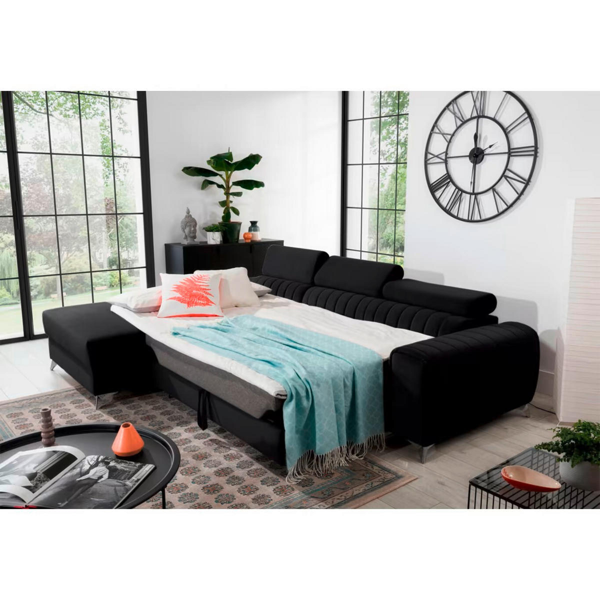 ECKSOFA Schwarz Samt  - Silberfarben/Schwarz, Design, Textil/Metall (205/278cm) - MID.YOU