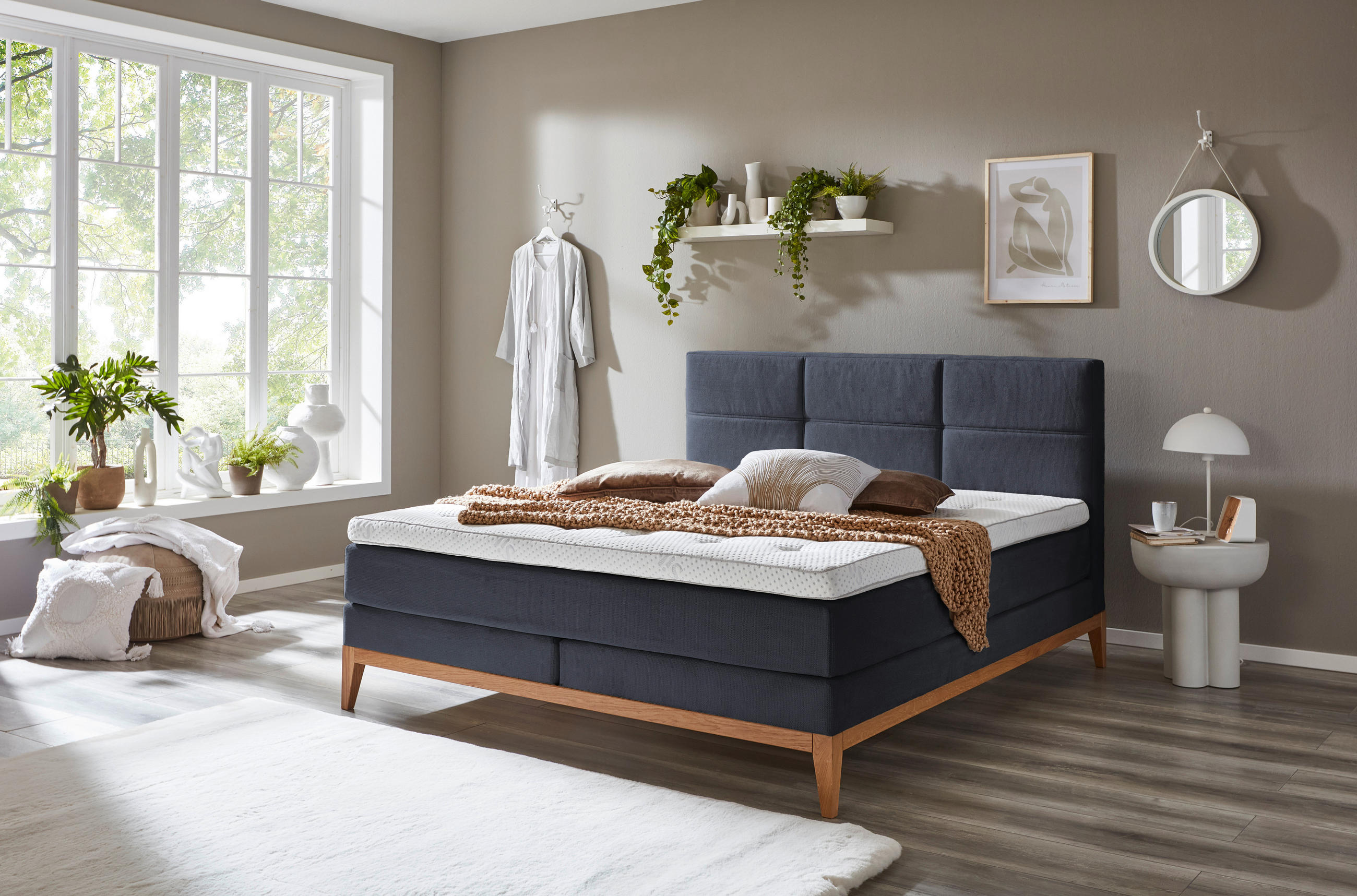 BOXSPRINGBETT 180/200 cm  in Dunkelblau  - Eichefarben/Dunkelblau, Konventionell, Holz/Textil (180/200cm) - Carryhome