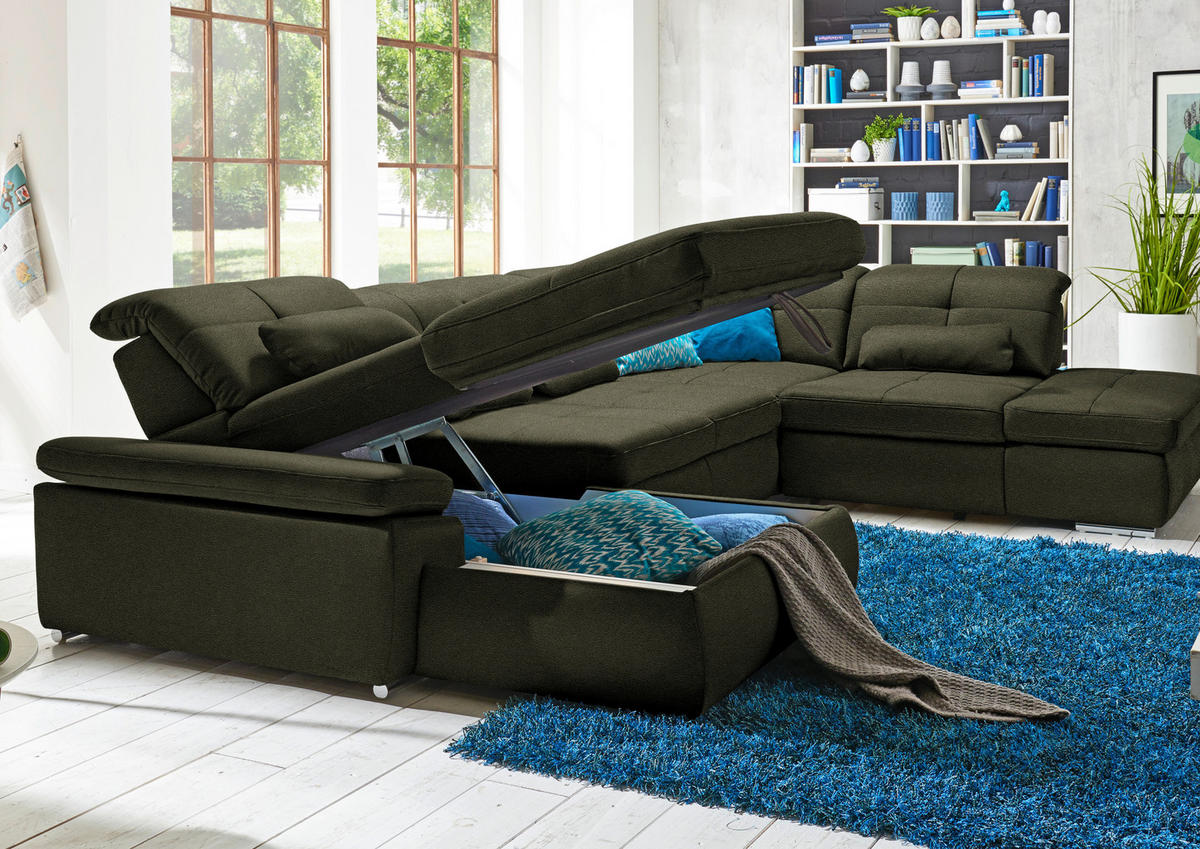 WOHNLANDSCHAFT  in Mikrofaser Olivgrün  - Chromfarben/Olivgrün, Design, Textil (195/371/260cm) - Beldomo Style