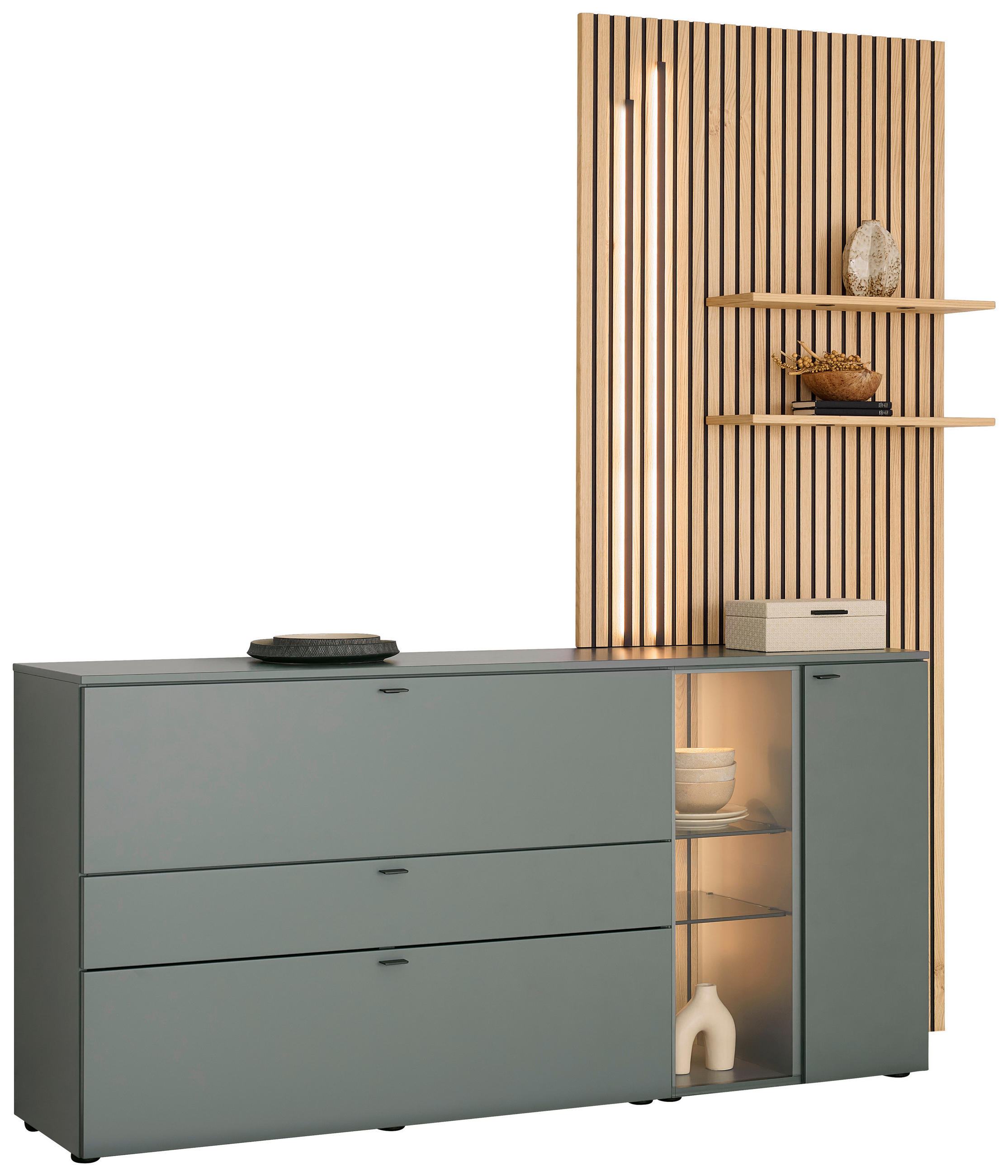 SIDEBOARD Grün, Eichefarben  210/224/43 cm  - Eichefarben/Anthrazit, Design, Glas/Holz (210/224/43cm) - Venjakob