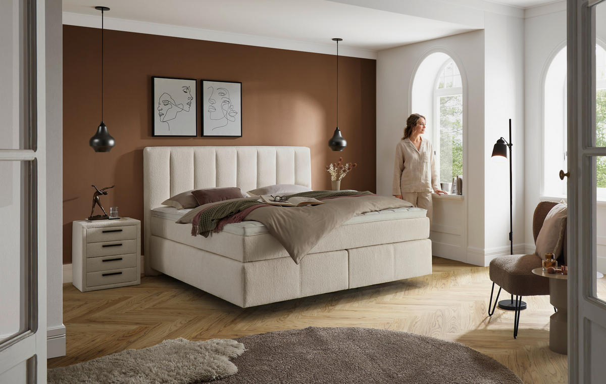 BOXSPRINGBETT 180/200 cm,  in Creme, H2 + H3 = mittel + fest  - Creme, KONVENTIONELL, Kunststoff/Textil (180/200cm) - Voleo