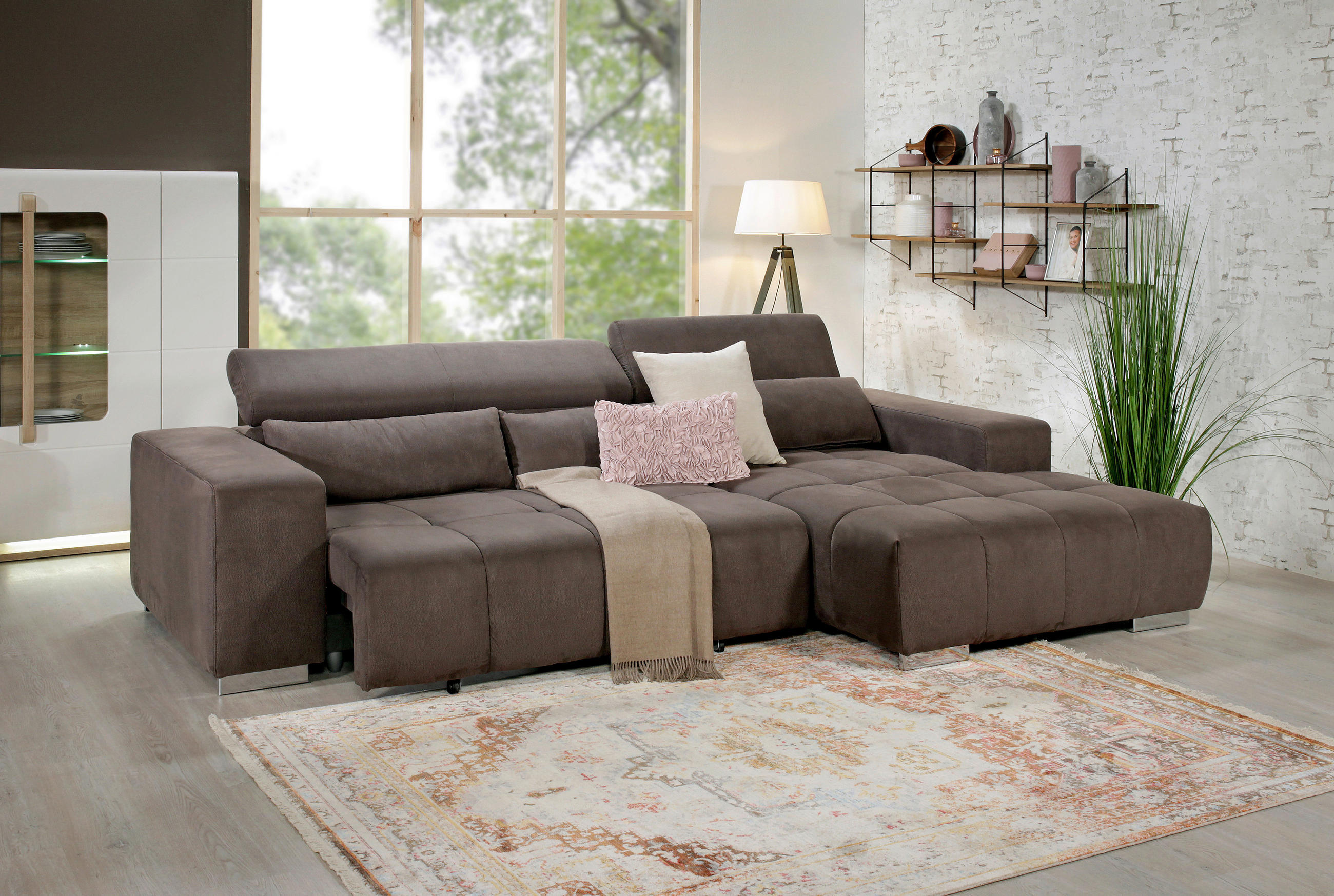 ECKSOFA Graubraun Mikrofaser  - Graubraun/Silberfarben, KONVENTIONELL, Textil/Metall (307/186cm) - Livetastic