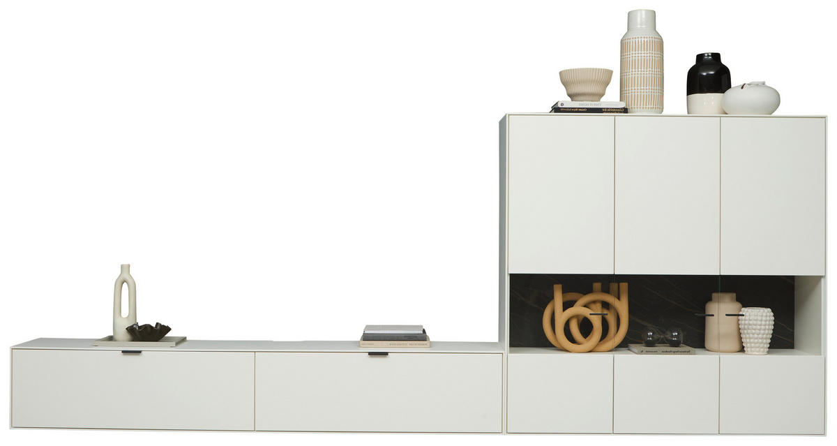 WOHNWAND  in Weiss 348,8/171,9/37,1 cm  - Weiss/Schwarz, Design, Glas/Keramik (348,8/171,9/37,1cm) - Dieter Knoll
