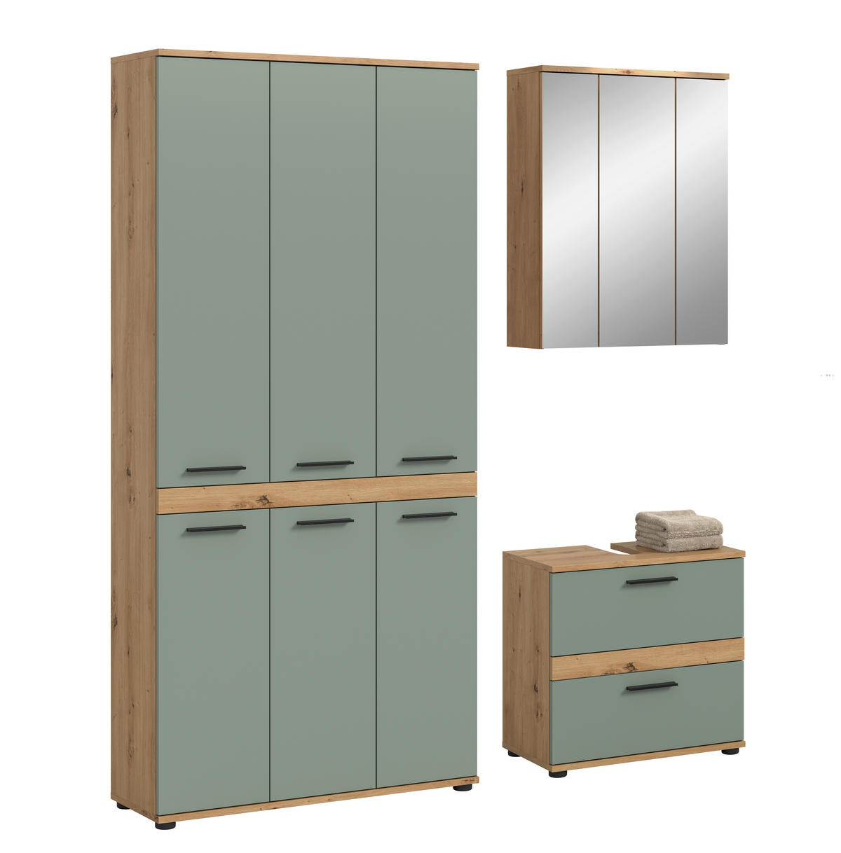 BADEZIMMER 3-teilig  in 165 cm  - Salbeigrün/Schwarz, Trend, Glas/Holzwerkstoff (165cm) - MID.YOU