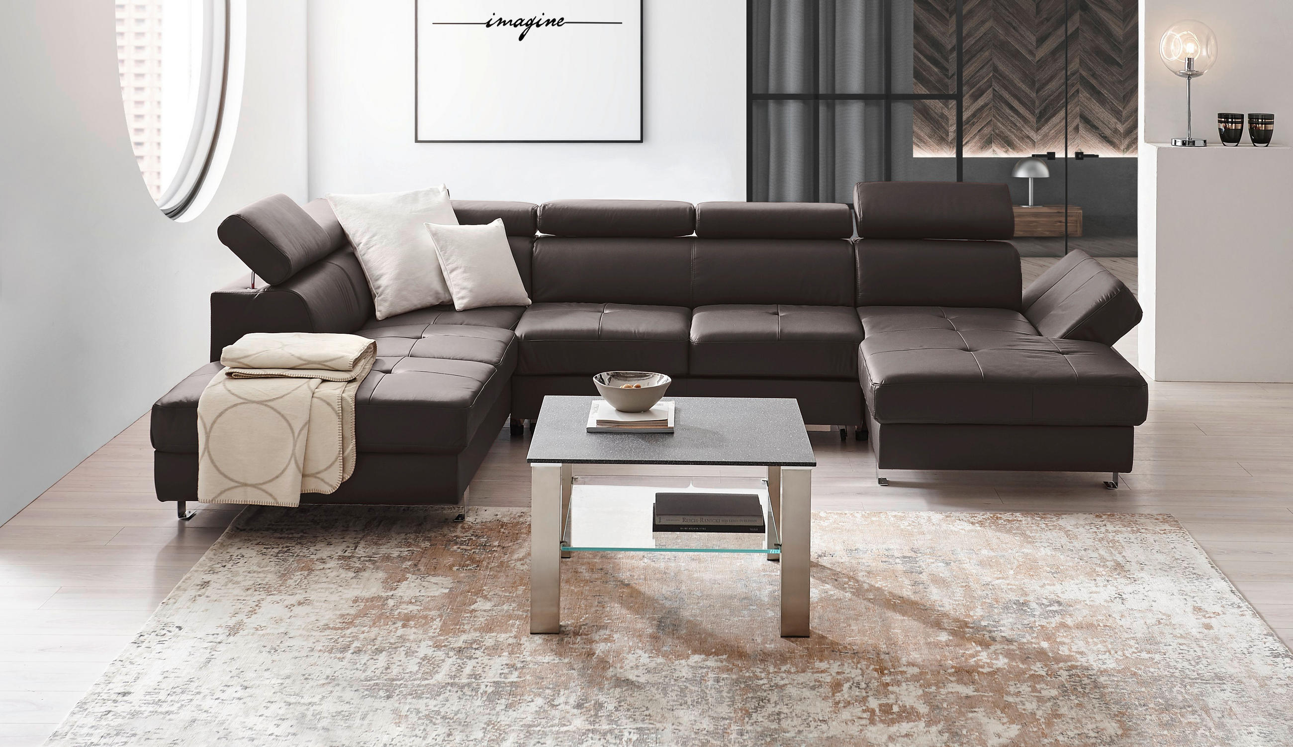 WOHNLANDSCHAFT Grau Kombination Echtleder/Lederlook Lederlook  - Chromfarben/Grau, Design, Leder/Textil (212/334/157cm) - Stylife