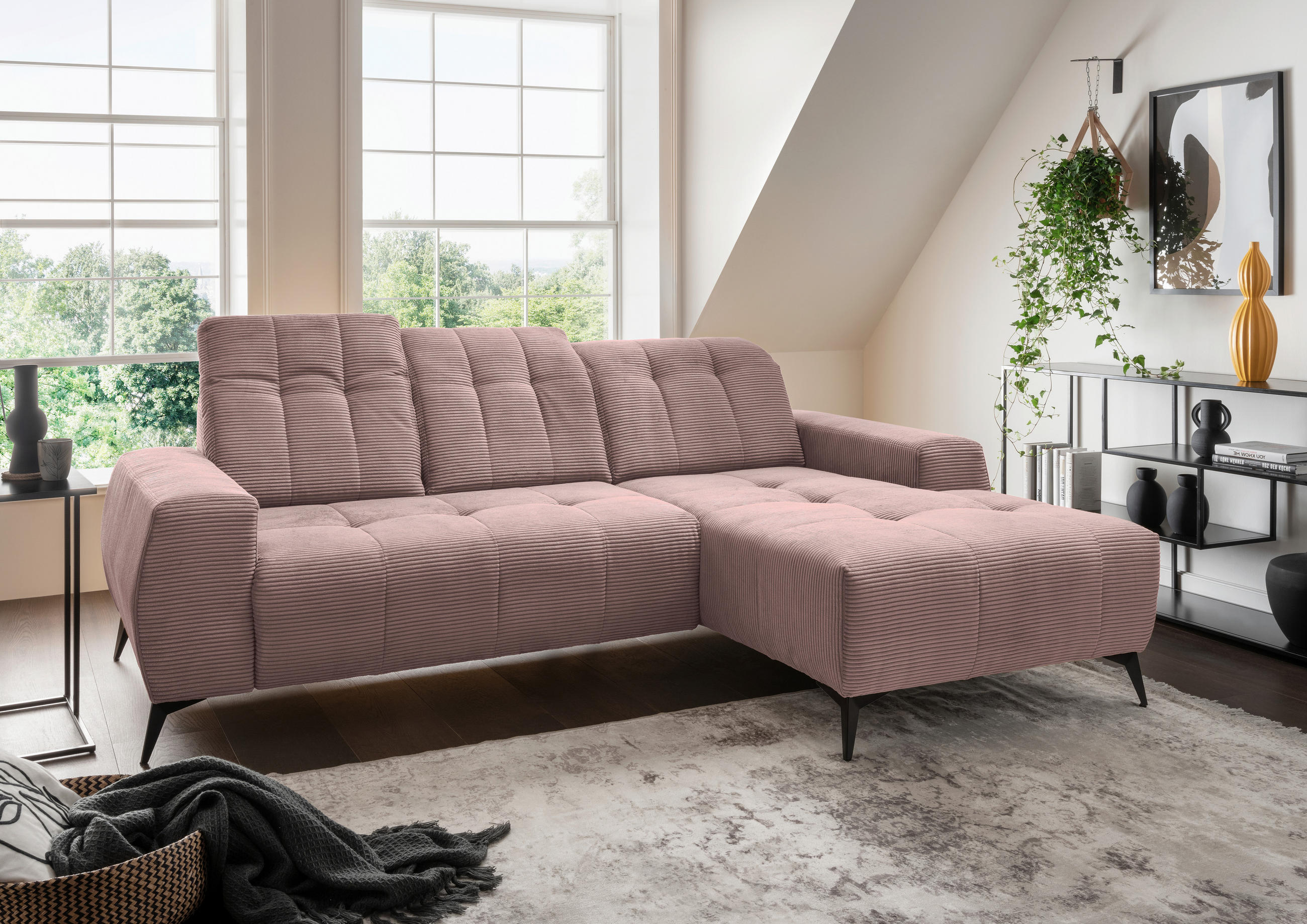 ECKSOFA Rosa Cord  - Schwarz/Rosa, MODERN, Textil/Metall (258/180cm) - Livetastic