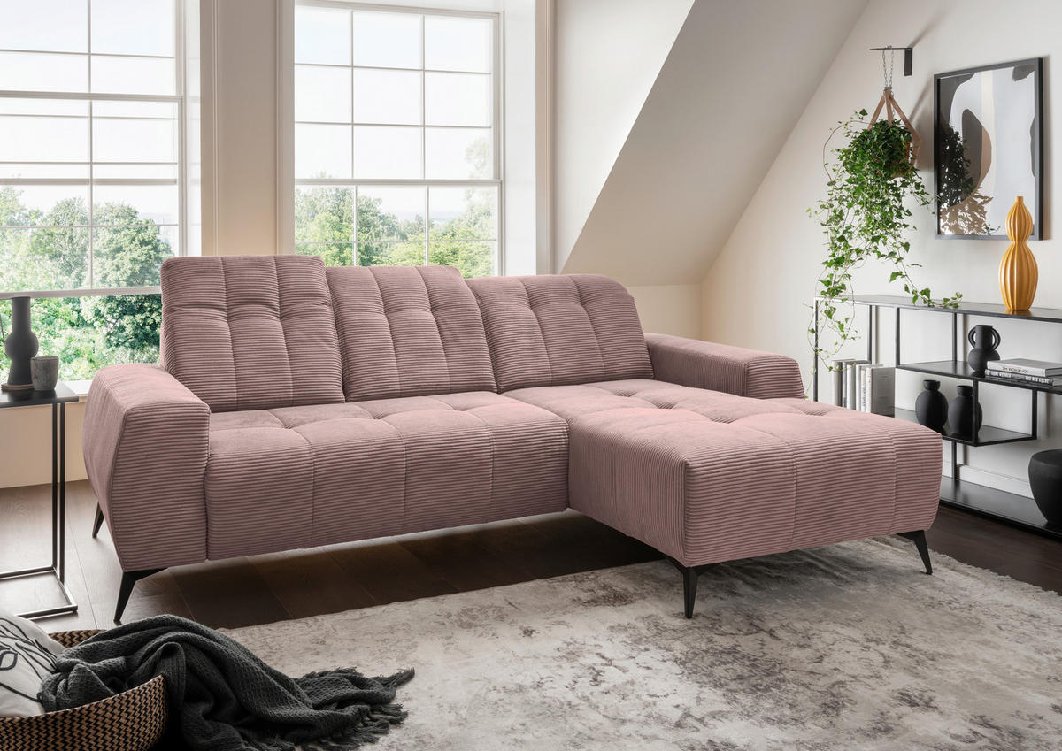 ECKSOFA in Cord Rosa  - Schwarz/Rosa, Modern, Textil/Metall (258/180cm) - Livetastic