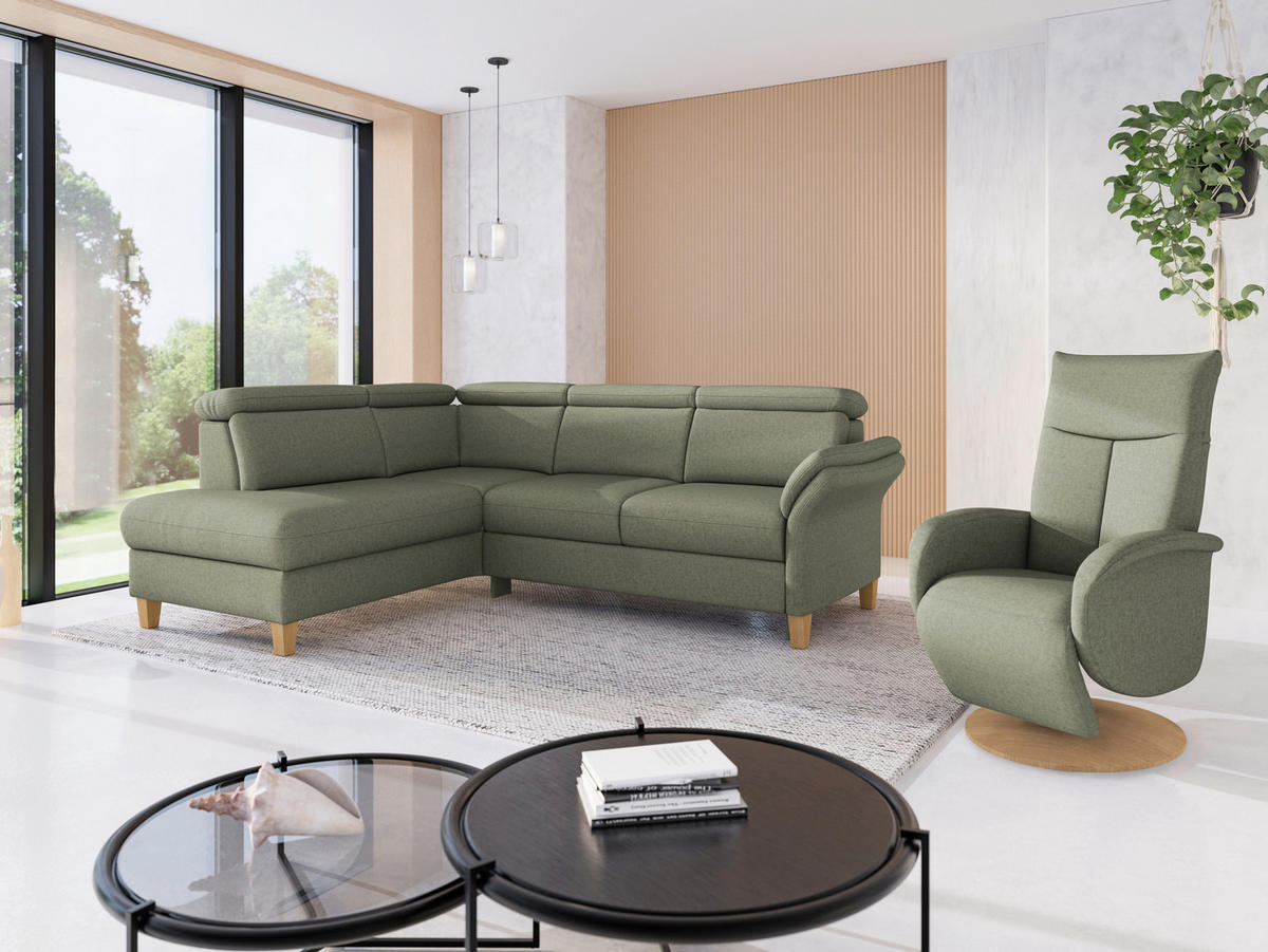 ECKSOFA GLENDALE E in Flachgewebe Olivgrün  193/247 cm  - Eichefarben/Olivgrün, KONVENTIONELL, Holz/Textil (193/247cm) - Sit & More