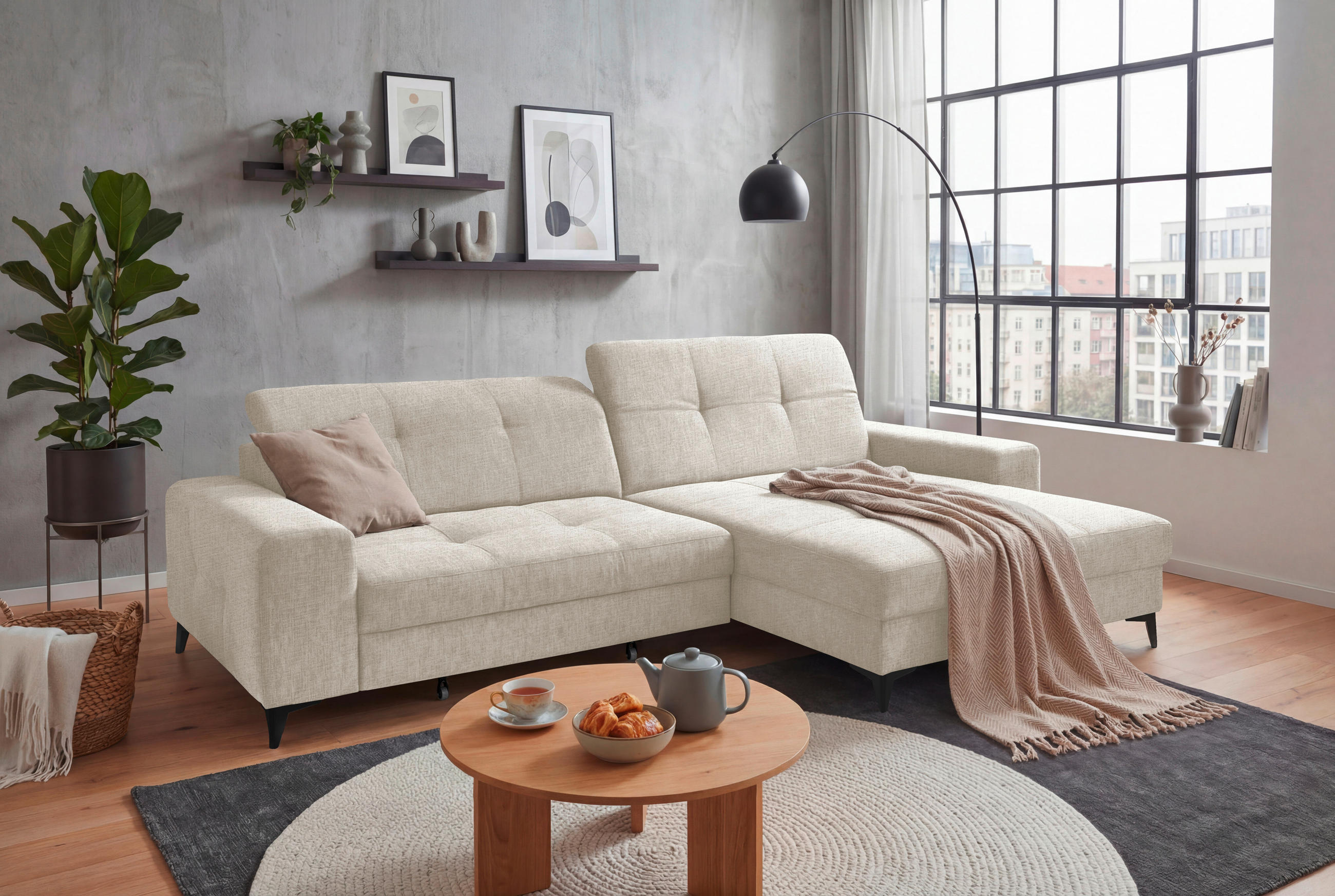 ECKSOFA SORELLA Creme Chenille Kopfteilverstellung, Sitztiefenverstellung  - Creme/Schwarz, Design, Kunststoff/Textil (328/182cm) - MID.YOU