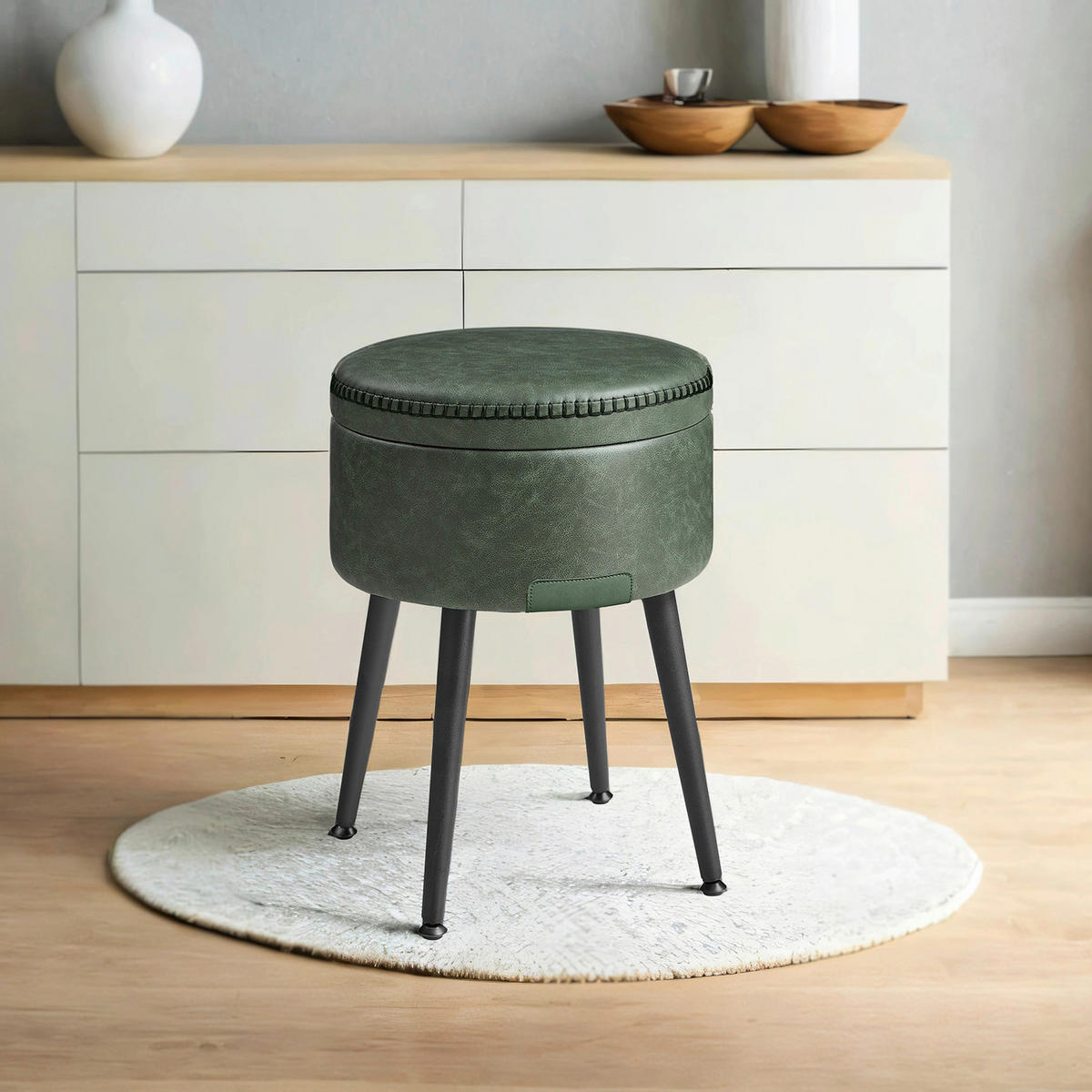 HOCKER Lederlook Schwarz, Dunkelgrün  - Dunkelgrün/Creme, Trend, Textil/Metall (32/44/32cm) - MID.YOU