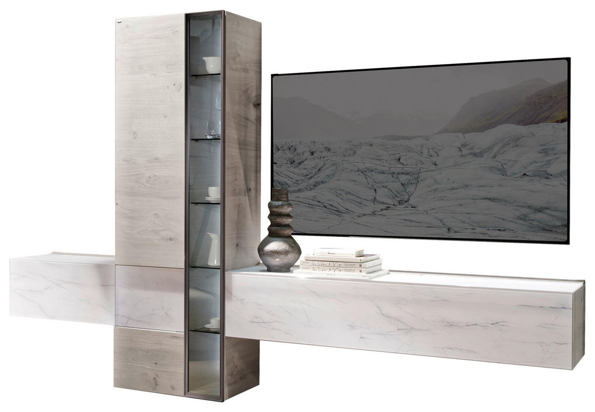 WOHNWAND  in Schwarz, Weiß, Wildeiche  296/194/43 cm  - Wildeiche/Schwarz, Natur, Glas/Holz (296/194/43cm) - Voglauer