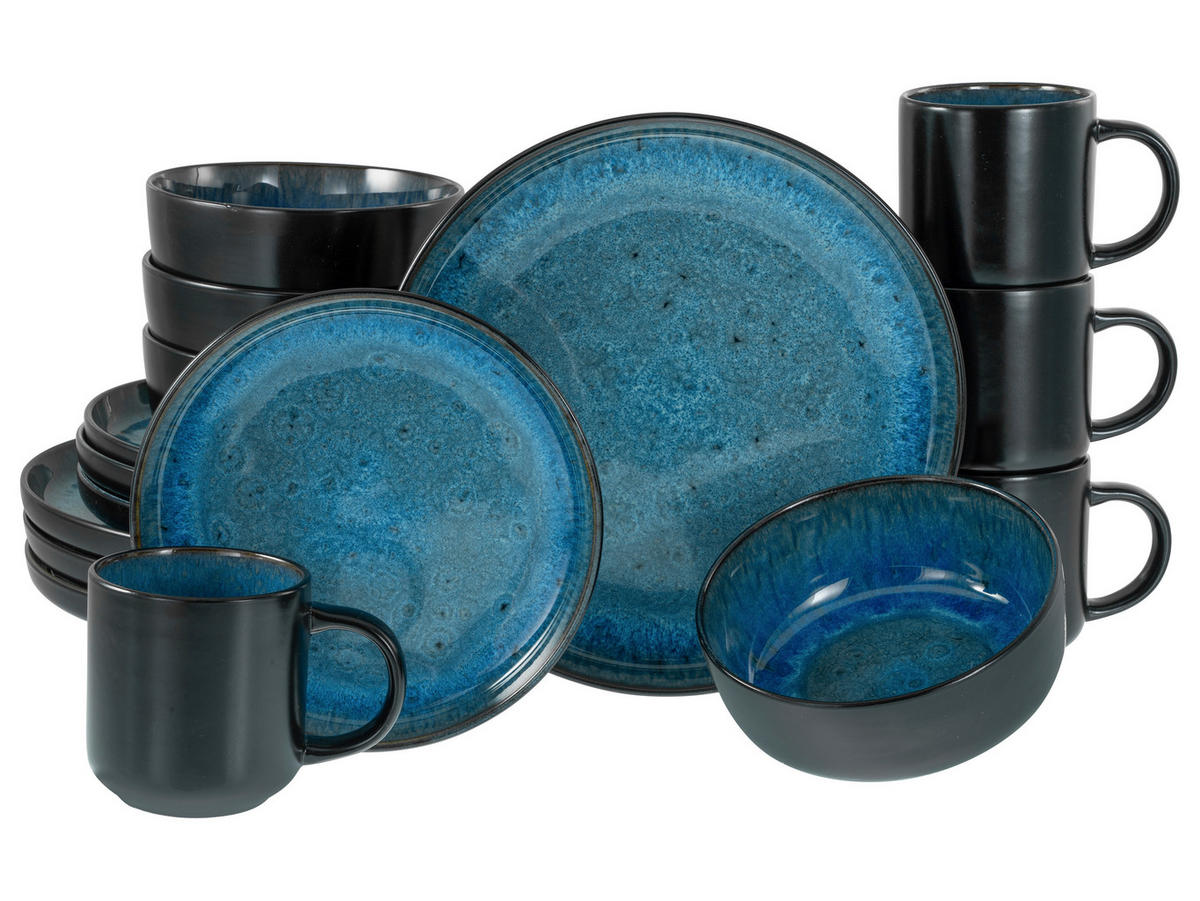 KOMBISERVICE Schwarz, Hellblau Nordic Fjord Beige 16-teilig 4 Personen  - Schwarz/Hellblau, Basics, Keramik - Creatable