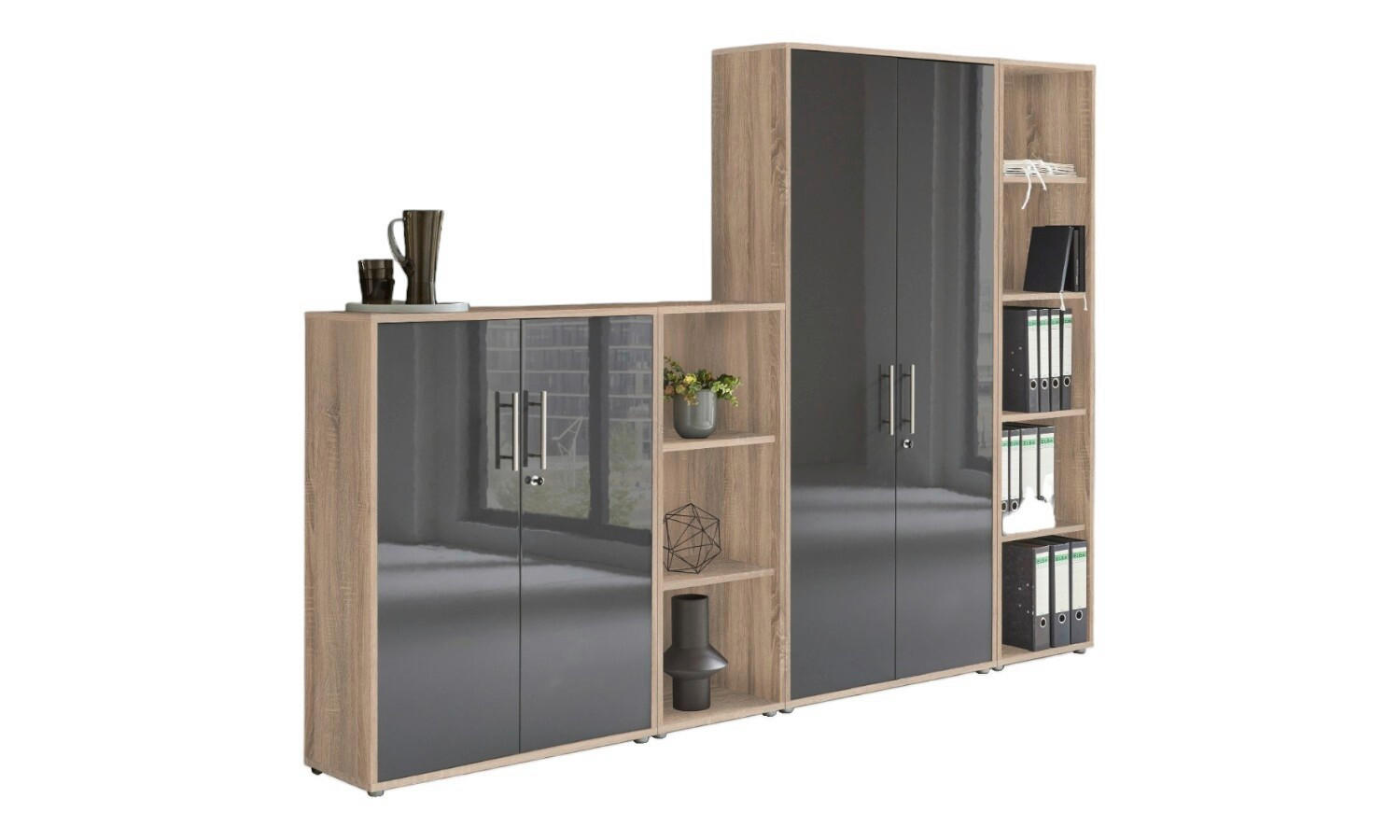 Mid.you Aktenschrank Office Edition - SW Set 4 Sonoma Eiche, Anthrazit Hochglanz 257x186x33 cm