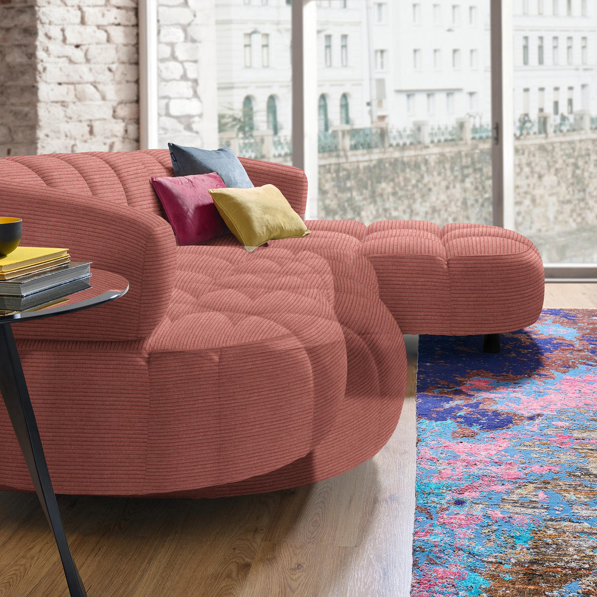 ECKSOFA in Cord, Velours Koralle  - Koralle/Schwarz, Design, Holz/Textil (284/183cm) - Welnova