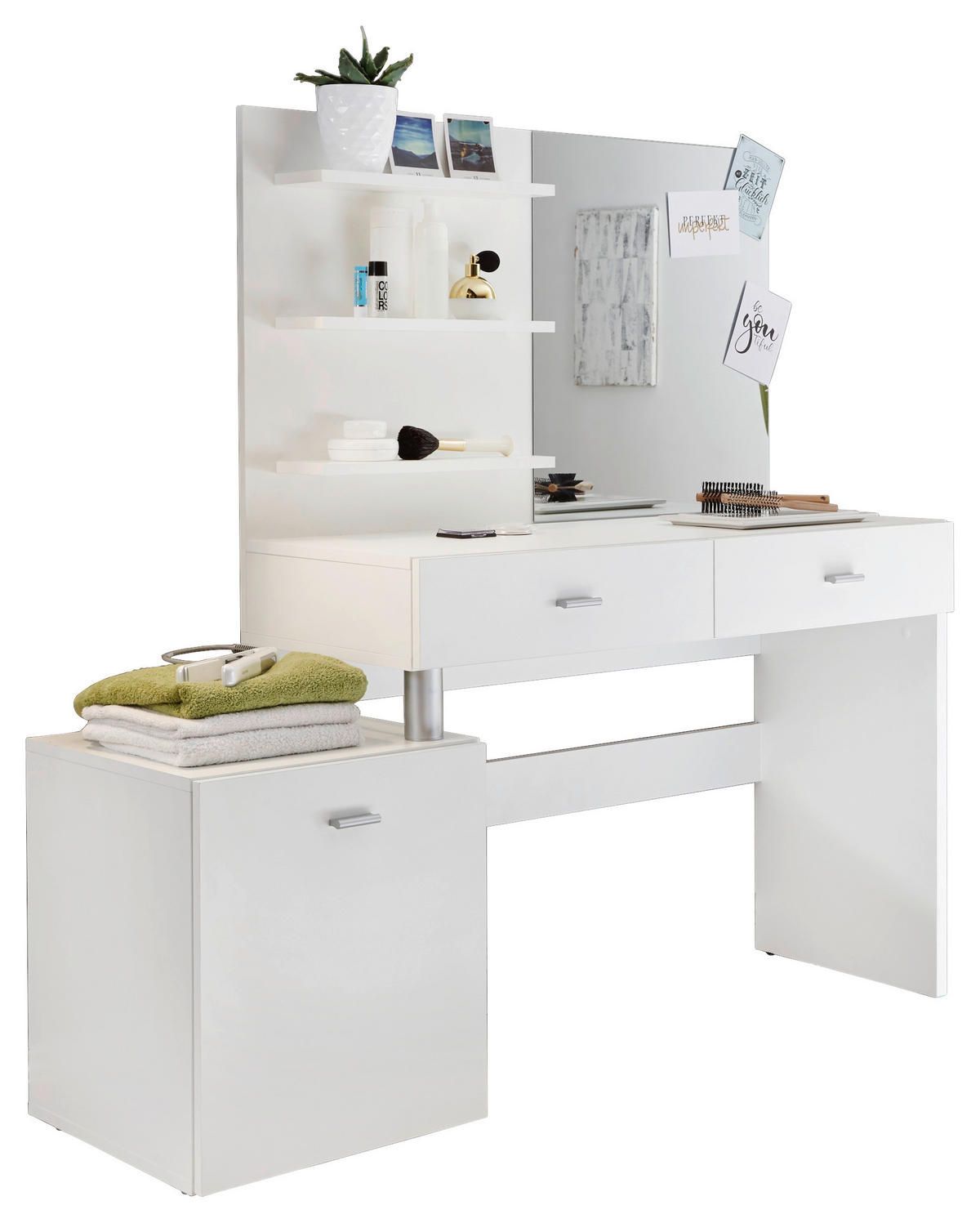 KOZMETIČNA MIZA steklo, leseni material  - srebrne barve/bela, Design, umetna masa/steklo (132/145/43cm) - MID.YOU