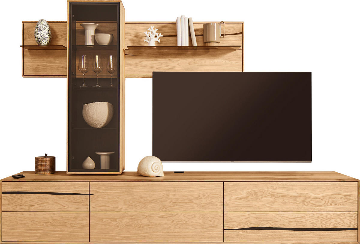 WOHNWAND 3-teilig  in Braun, Schwarz, Eichefarben  280/195/50 cm  - Eichefarben/Schwarz, Natur, Glas/Holz (280/195/50cm) - Waldwelt