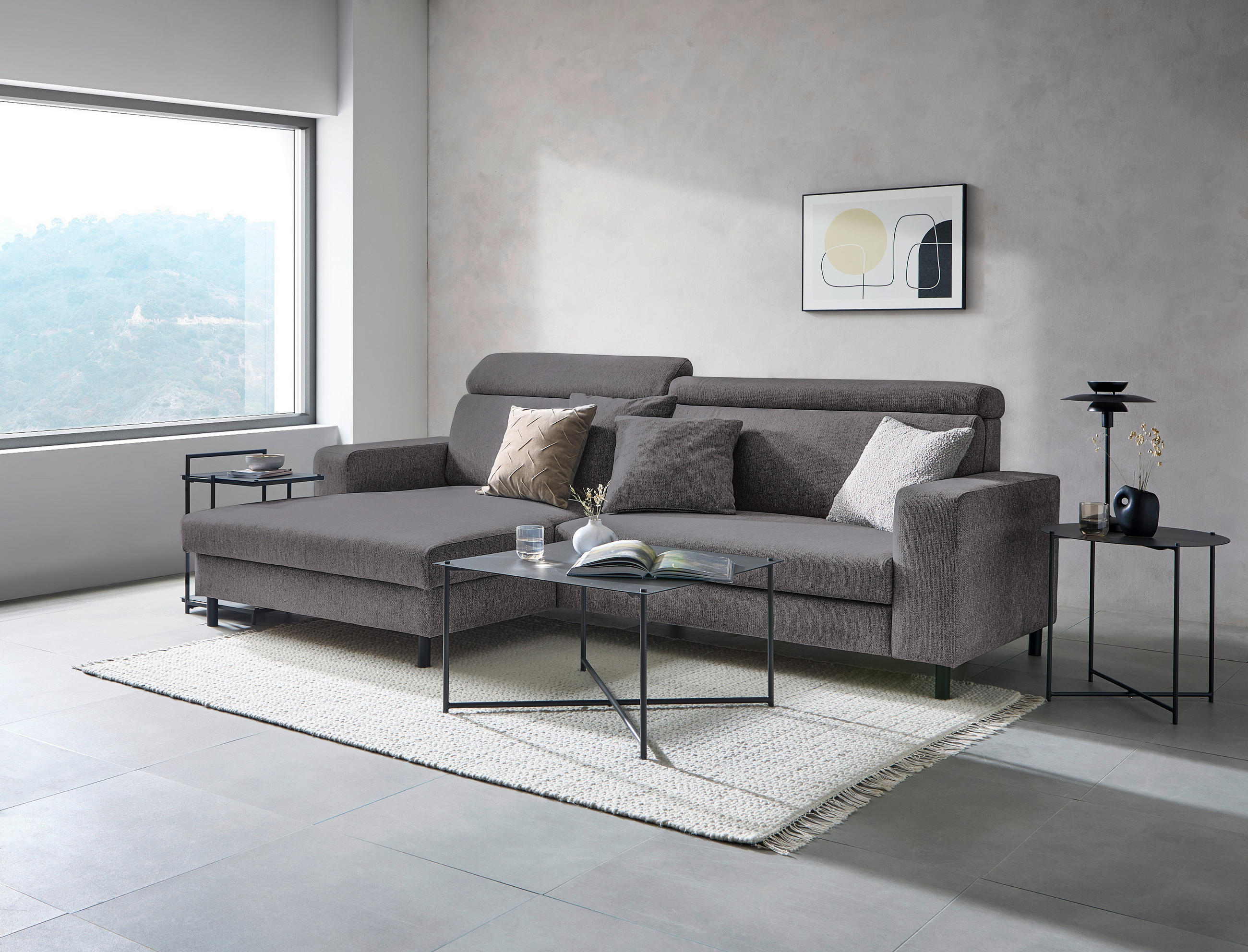 ECKSOFA Anthrazit Flachgewebe  - Anthrazit/Schwarz, Design, Textil/Metall (166/262cm) - Xora