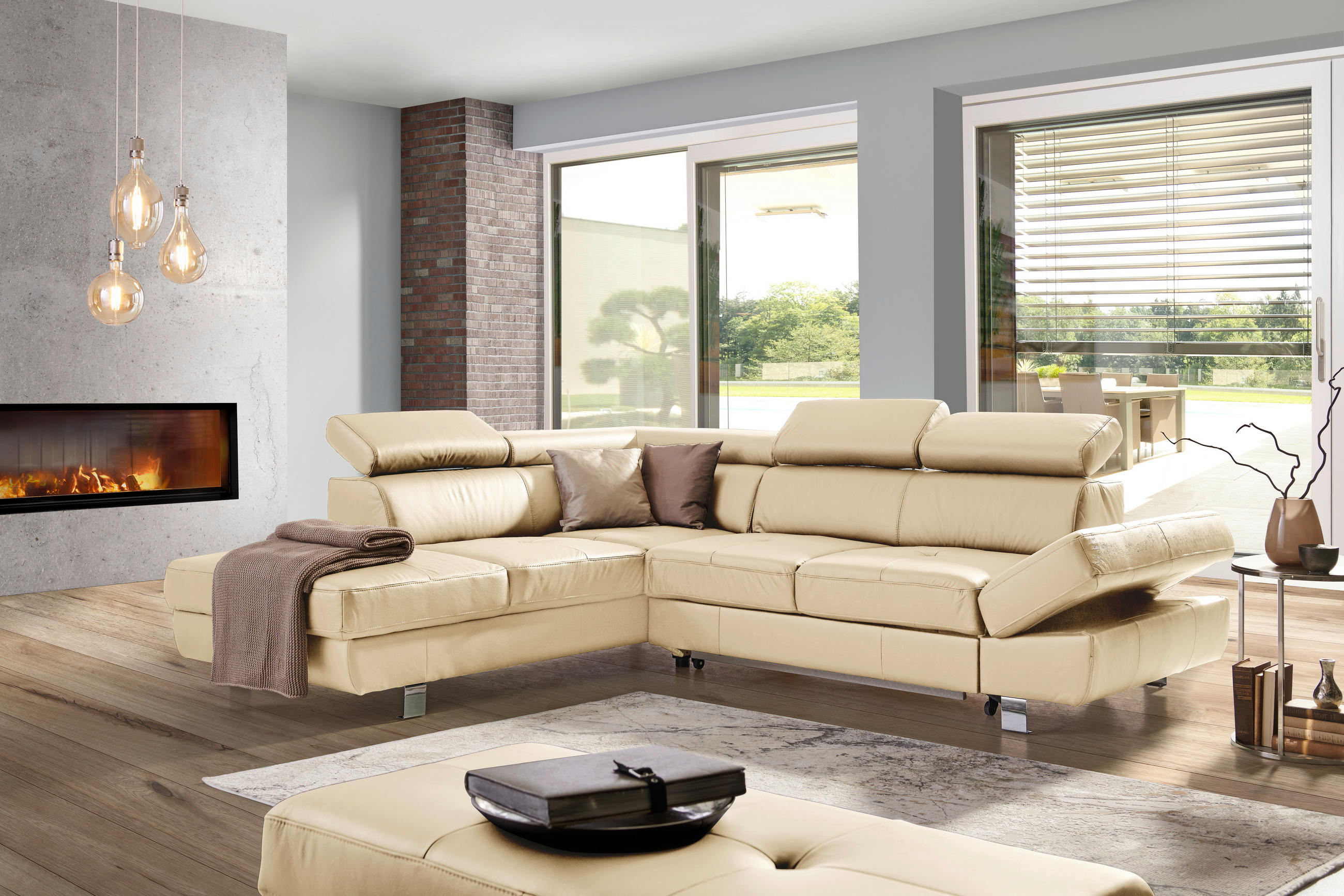 ECKSOFA in Lederlook Kombination Echtleder/Lederlook Ecru  - Chromfarben/Ecru, Design, Leder/Textil (212/265cm) - Stylife