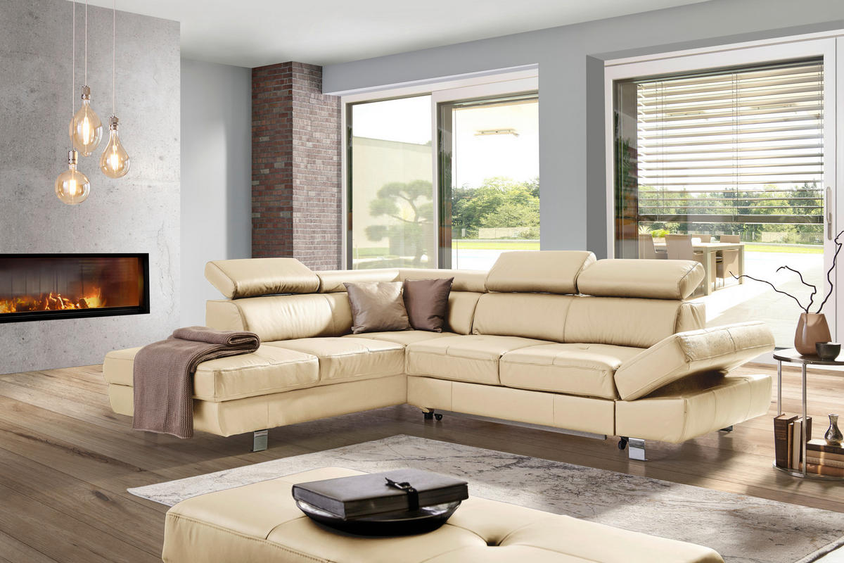 ECKSOFA in Lederlook Kombination Echtleder/Lederlook Ecru  - Chromfarben/Ecru, Design, Leder/Textil (212/265cm) - Stylife