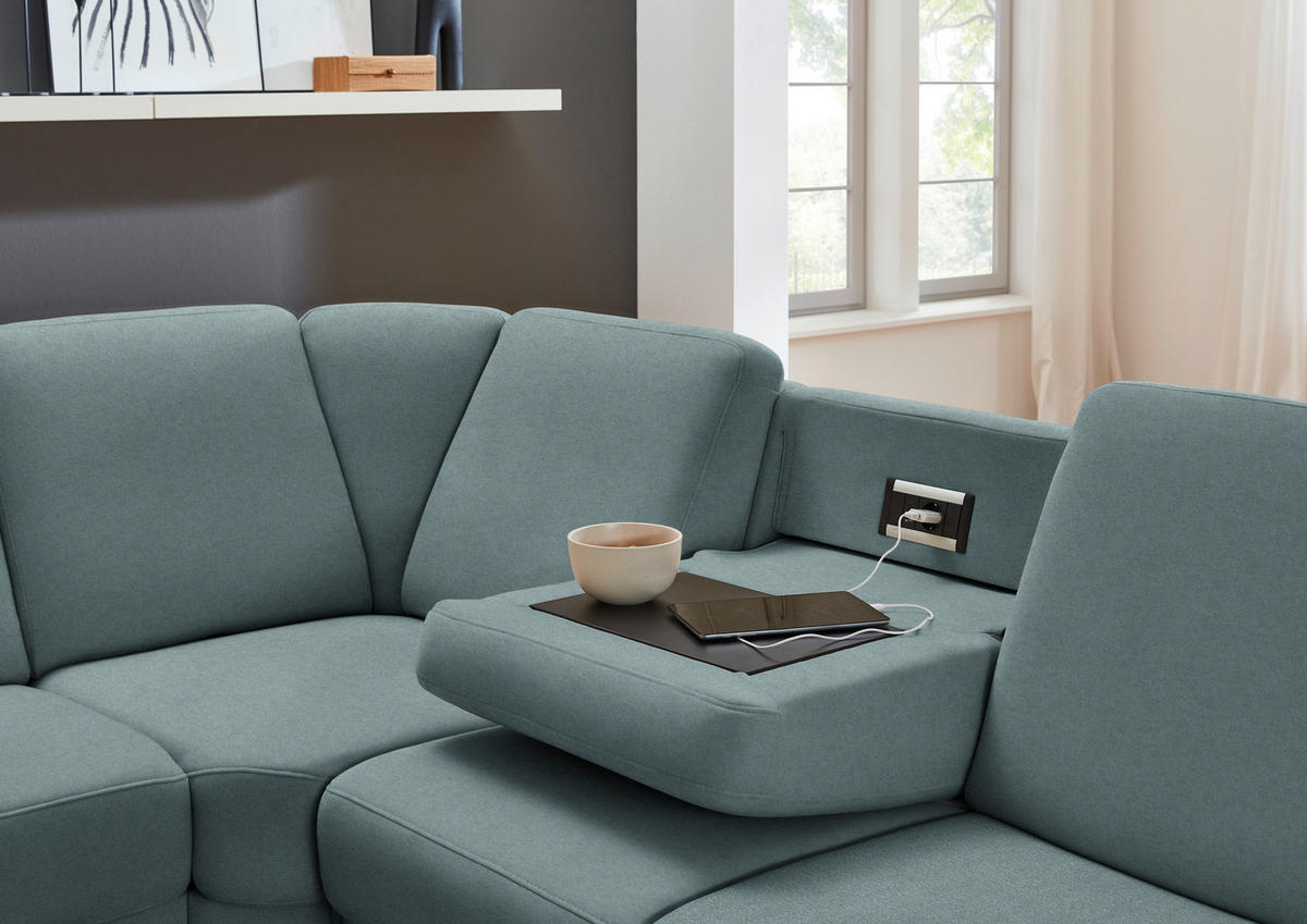 ECKSOFA Flachgewebe Blaugrau  - Blaugrau/Schwarz, Konventionell, Textil/Metall (269/287cm) - Beldomo System