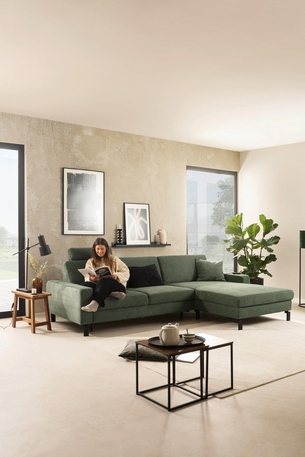 ECKSOFA in Cord Olivgrün  - Schwarz/Olivgrün, Design, Textil/Metall (298/185cm) - Pure Home Lifestyle