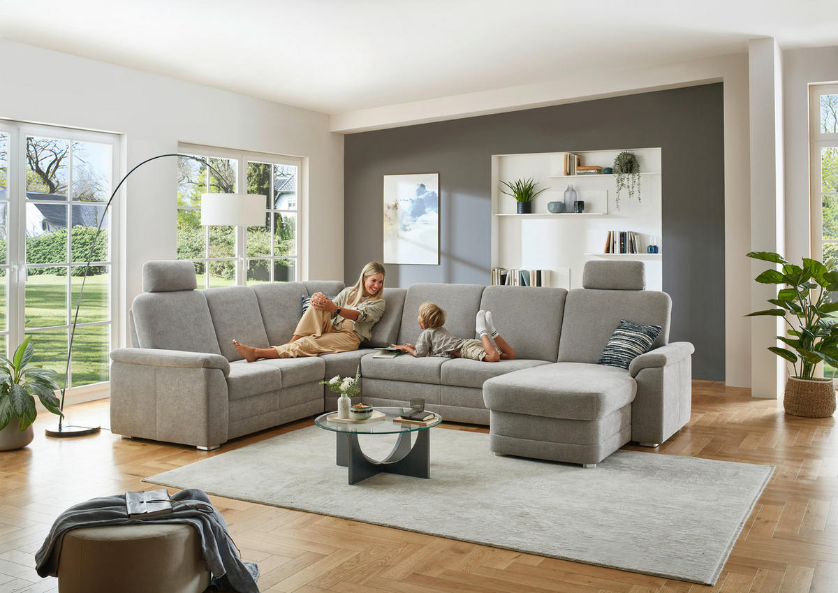 WOHNLANDSCHAFT Chenille Hellgrau  - Hellgrau/Alufarben, Konventionell, Holz/Textil (235/329/160cm) - Beldomo Comfort