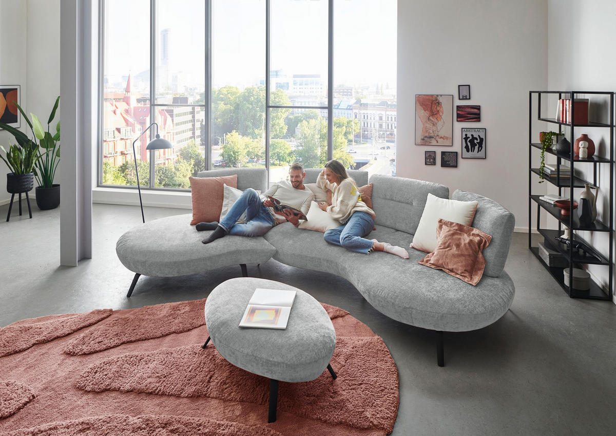 BIGSOFA Flachgewebe Hellgrau  - Hellgrau/Schwarz, Design, Textil/Metall (456/93/138cm) - Moderano