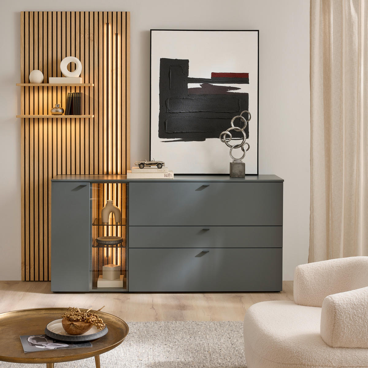 SIDEBOARD Grün, Eichefarben  210/224/43 cm  - Eichefarben/Anthrazit, Design, Glas/Holz (210/224/43cm) - Venjakob