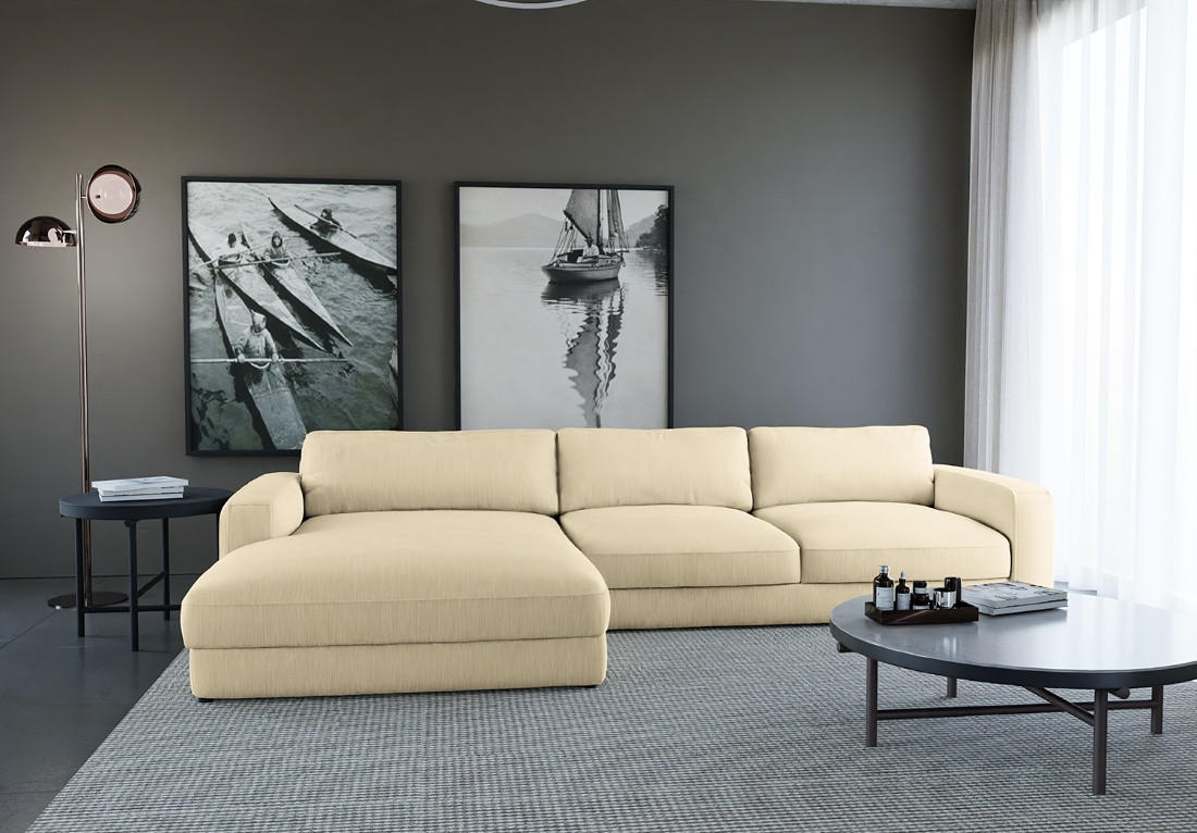 ECKSOFA in Cord Creme  - Creme/Schwarz, Modern, Textil (176/84/303cm) - Trendmanufaktur
