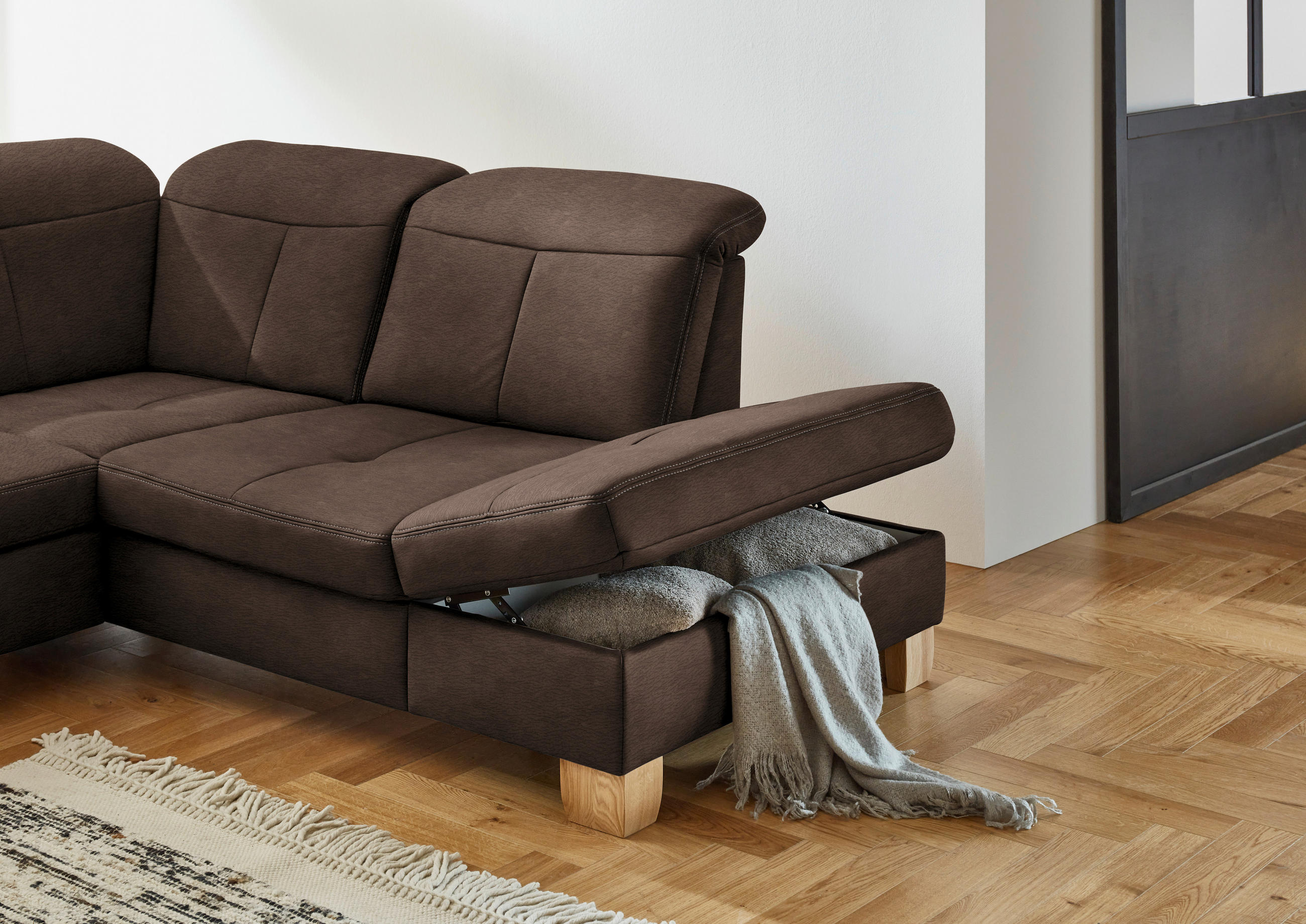 Thumbnail - Voleo Wohnlandschaft, Braun, Textil, Wildeiche, massiv, 5-6-Sitzer, U-Form, 343x243 cm, Goldenes M, Typenauswahl, Bettka...