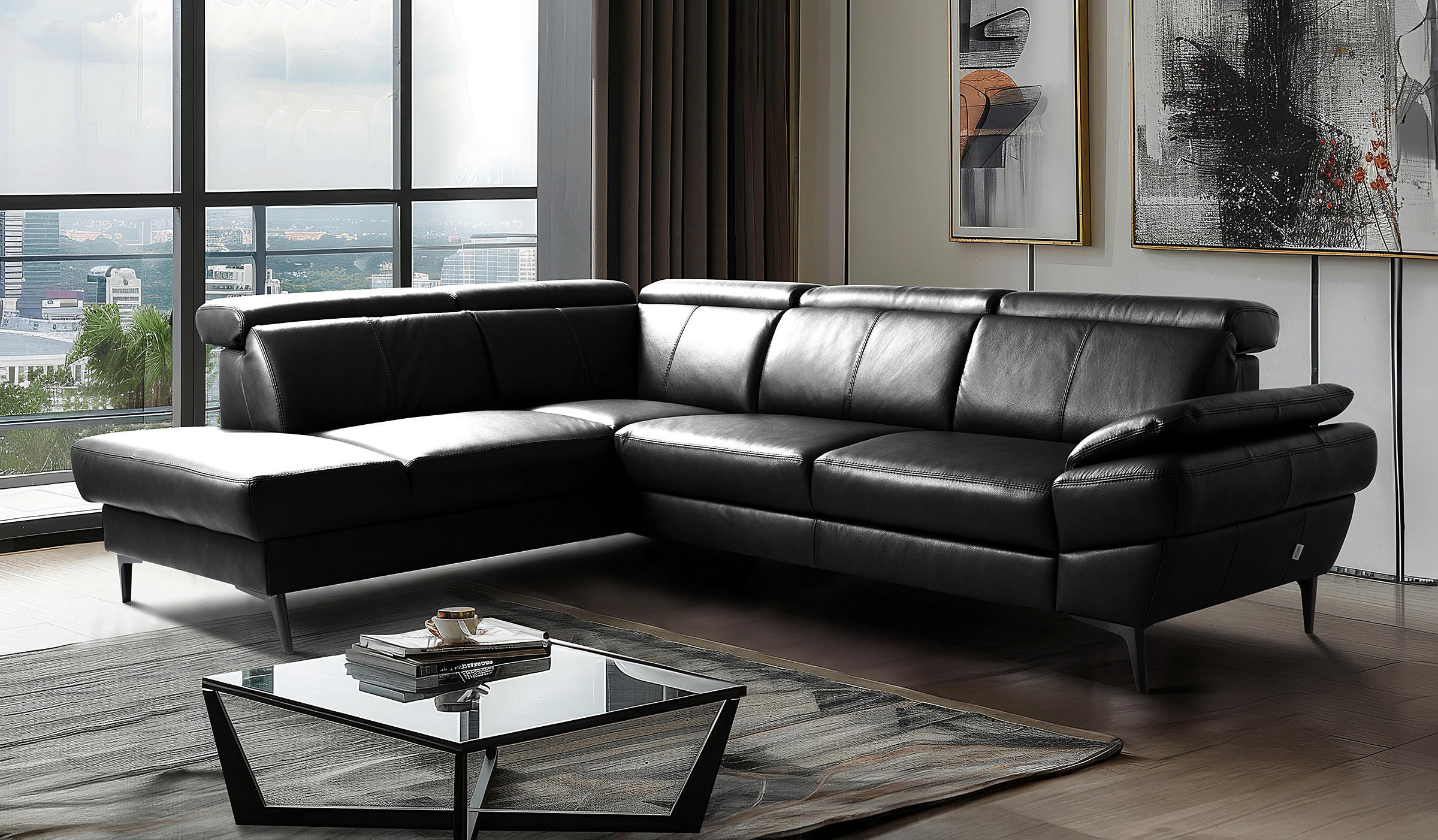 ECKSOFA  in Lederlook Echtleder Schwarz  - Schwarz, Design, Leder/Textil (211/264cm) - Livetastic