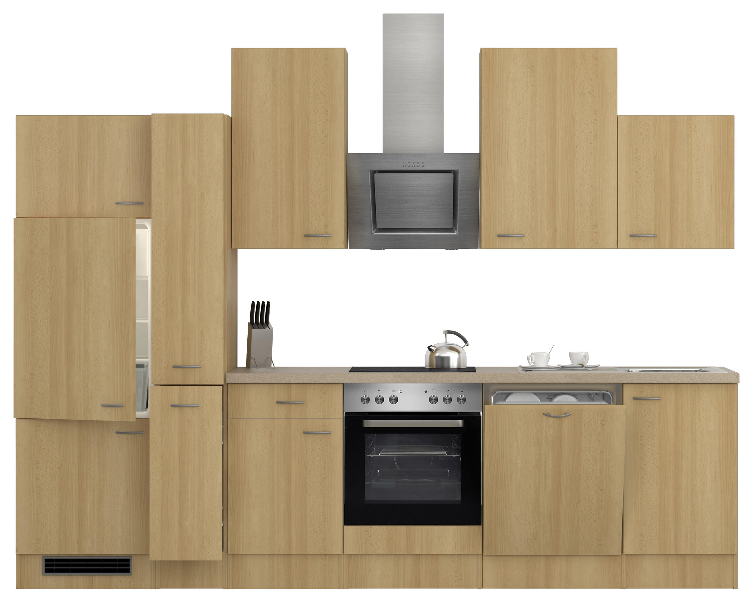 KÜCHENBLOCK 310 cm in Buchefarben, Edelstahlfarben, Hellbraun - Hellbraun/Edelstahlfarben, MODERN, Metall (310cm) - MID.YOU