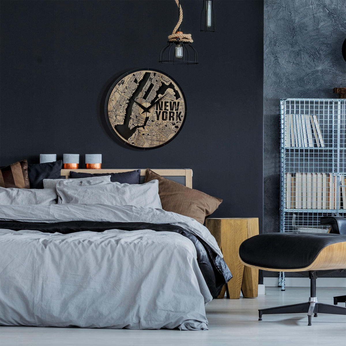 WANDUHR - Schwarz, Eichefarben  - Eichefarben/Schwarz, Basics, Holz/Kunststoff (57cm)