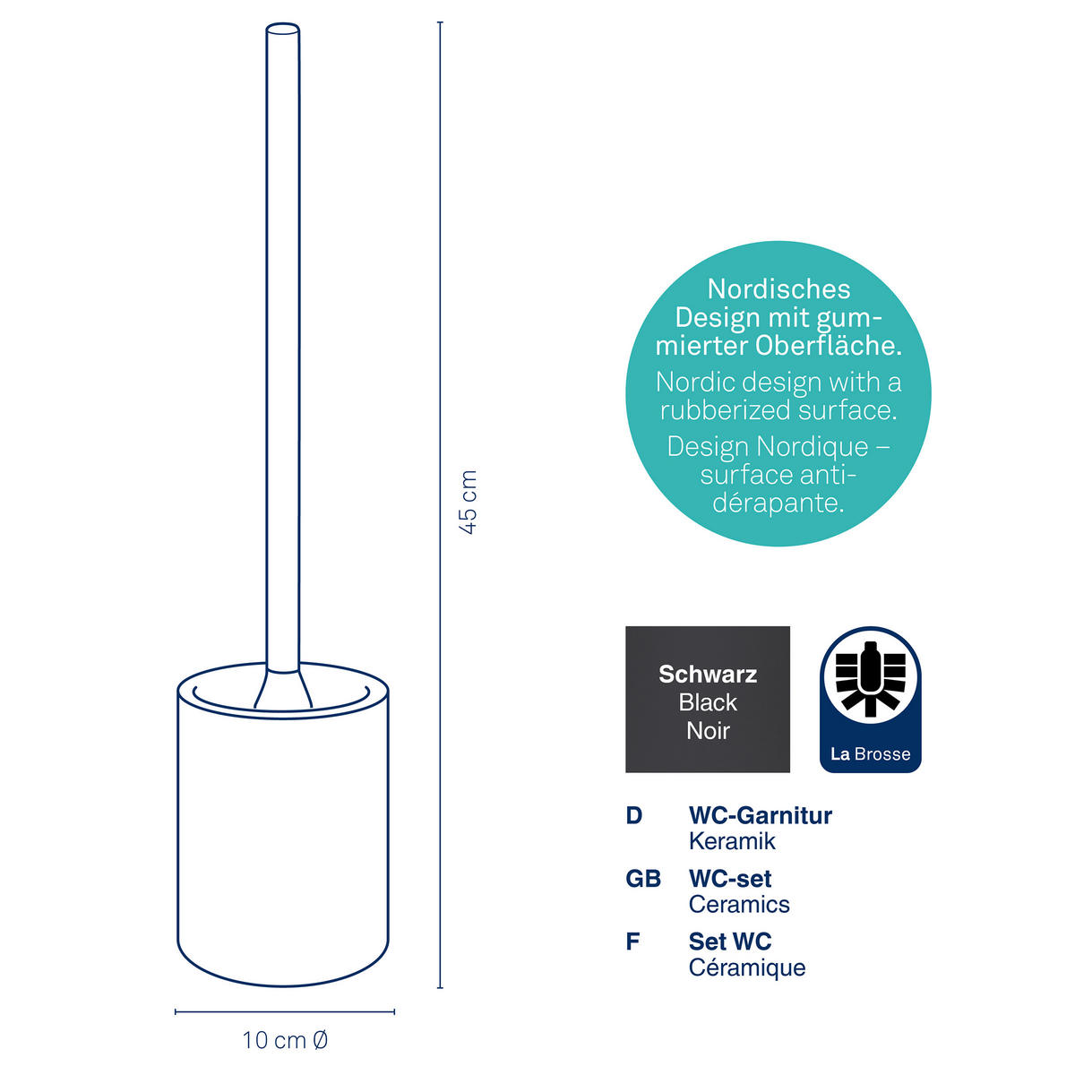 WC-BÜRSTENGARNITUR - Schwarz, Basics, Keramik (10/45cm) - Kela