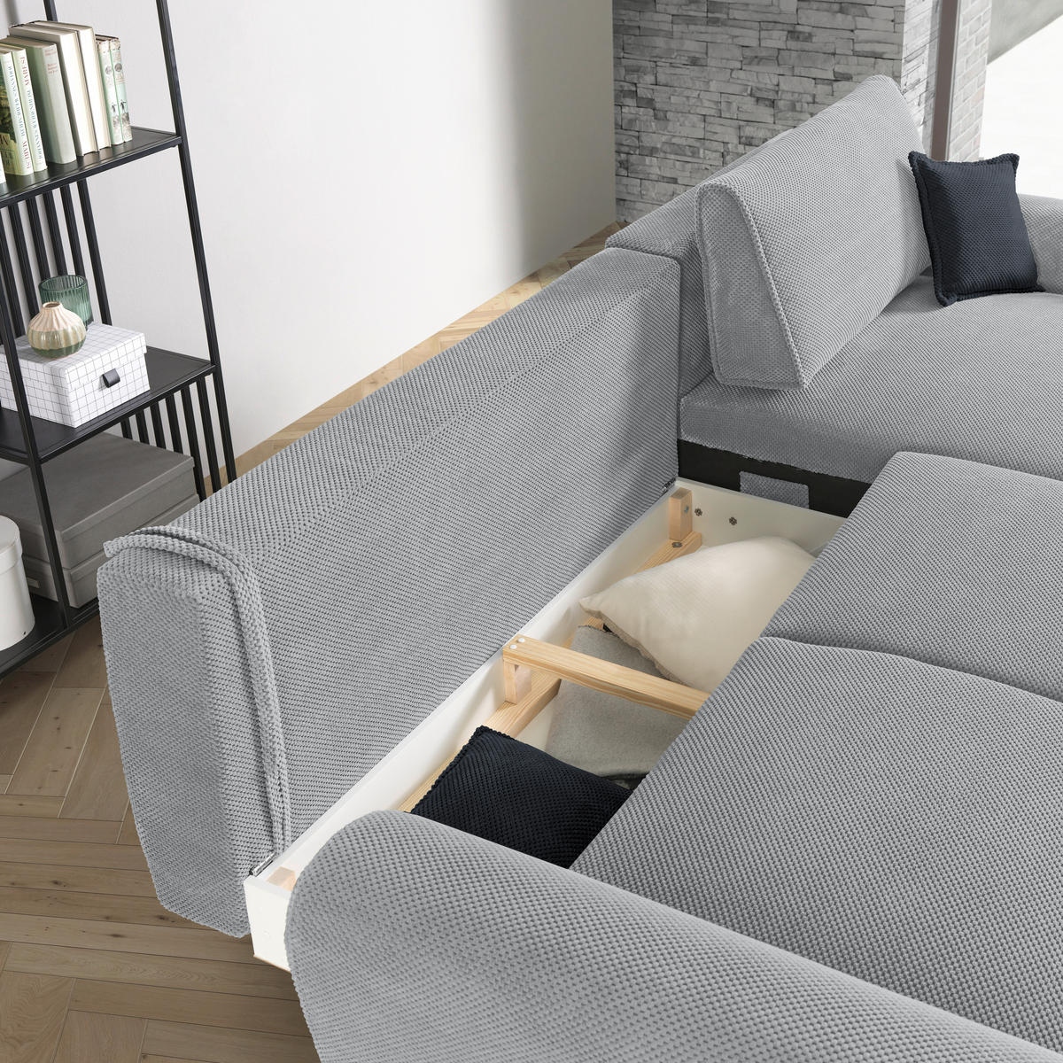 ECKSOFA in Webstoff Hellgrau  - Hellgrau/Schwarz, Design, Textil/Metall (272/170cm) - Welnova