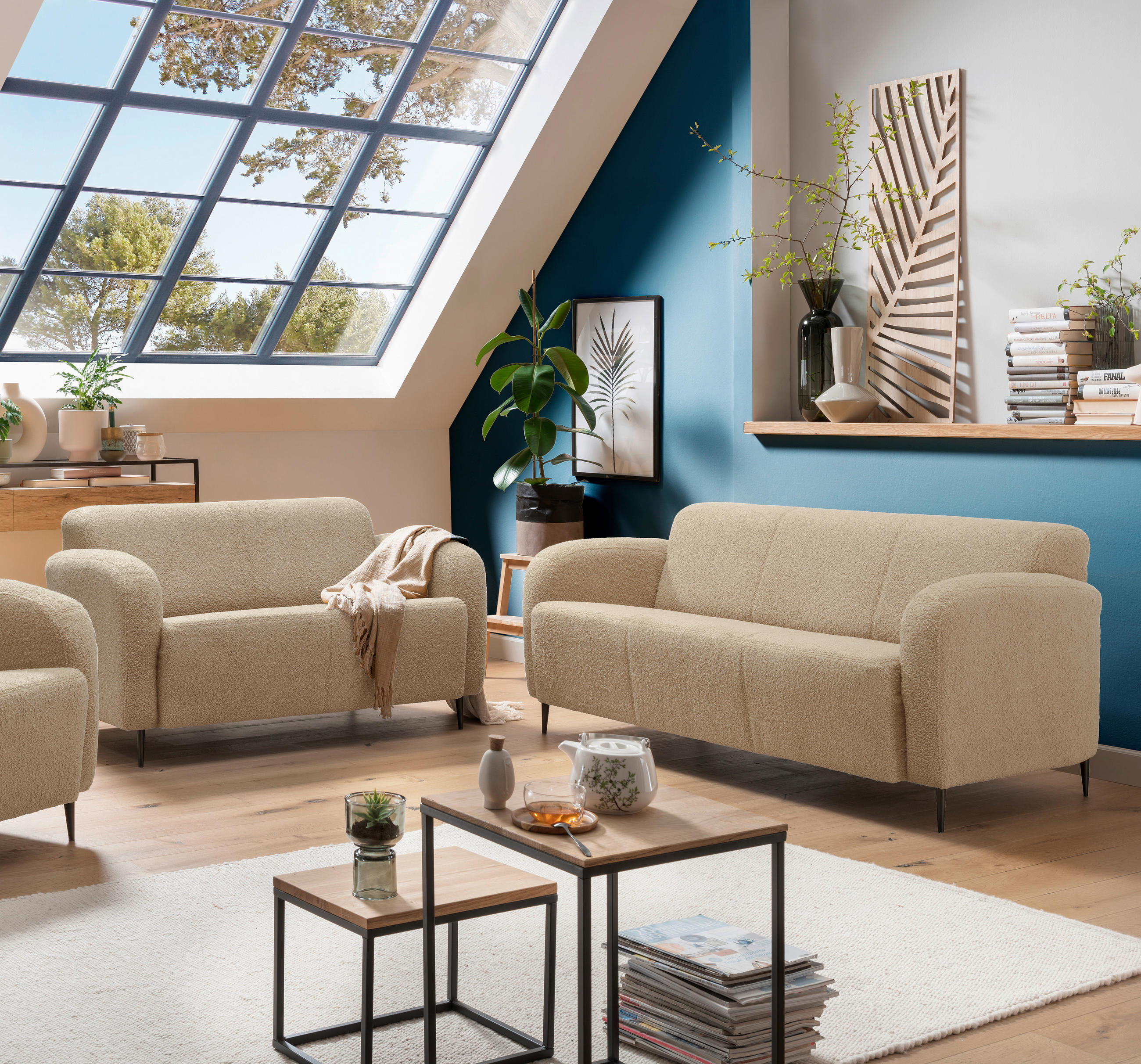 SITZGARNITUR in Teddystoff Creme  - Creme/Schwarz, MODERN, Textil/Metall (180/76/90cm) - Livetastic