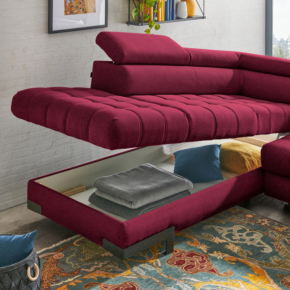 ECKSOFA in Webstoff Rot  - Rot/Schwarz, Design, Textil/Metall (223/263cm) - Welnova