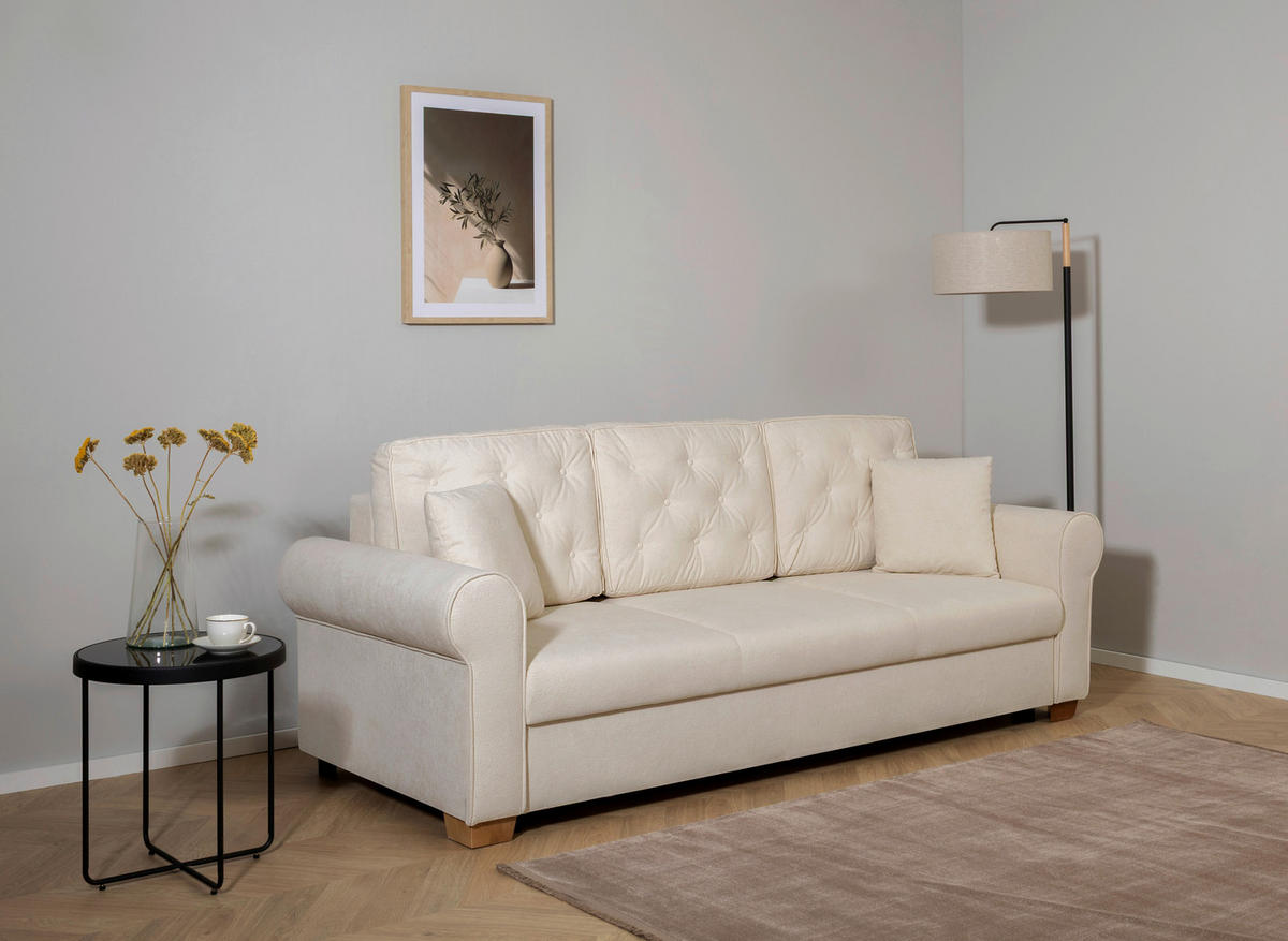 SCHLAFSOFA in Bouclé Creme  - Buchefarben/Creme, Design, Holz/Textil (240/94/98cm) - MID.YOU