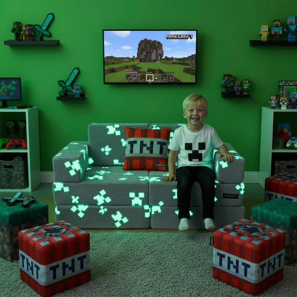 JUGEND- UND KINDERSOFA Minecraft in Grau  - Rot/Grau, Trend, Textil (120/60/60cm) - Minecraft