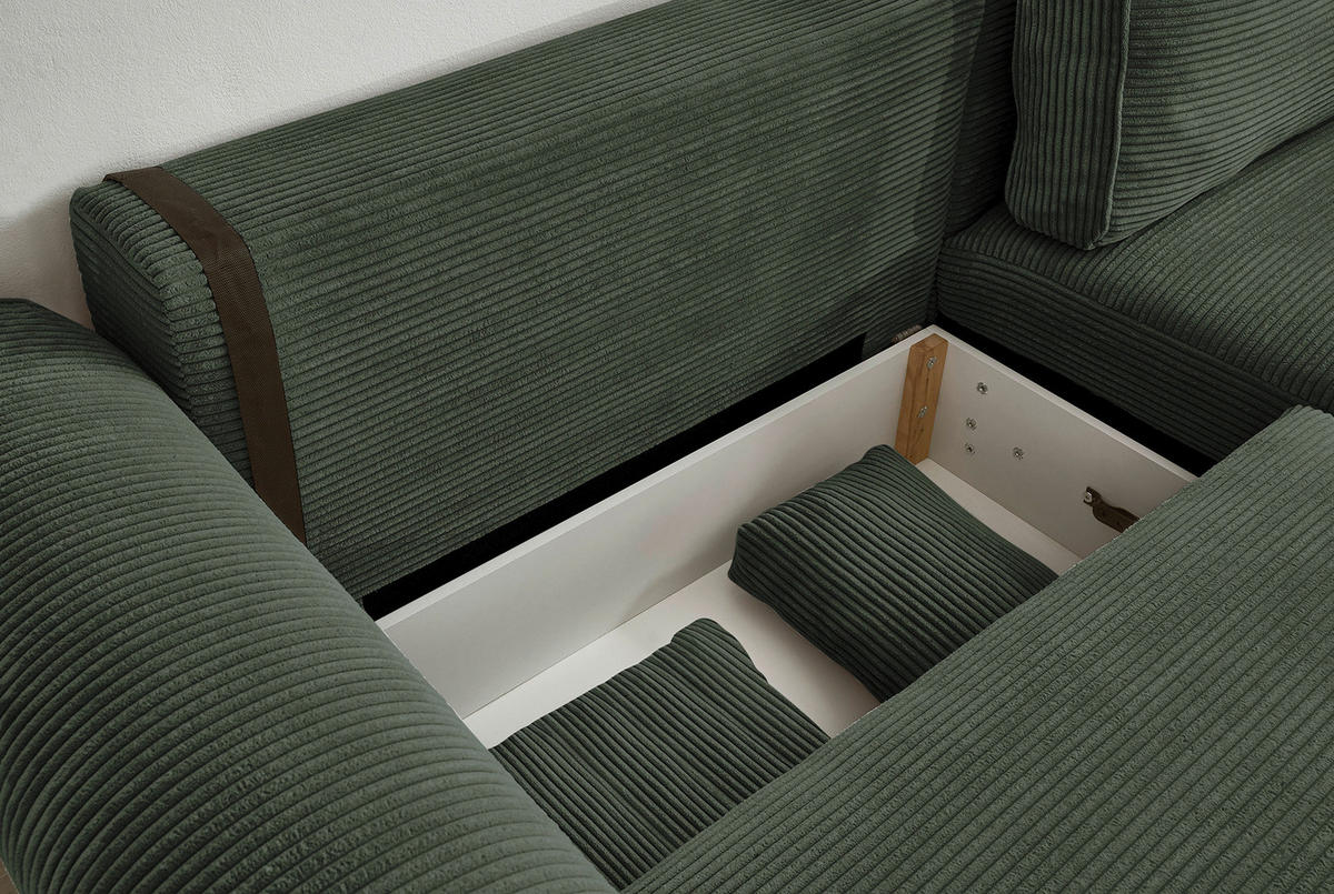 ECKSOFA in Cord Dunkelgrün  - Dunkelgrün/Schwarz, Basics, Kunststoff/Textil (255/92/185cm) - MID.YOU