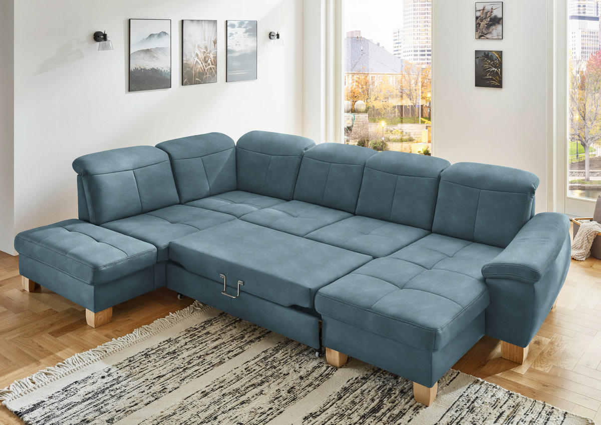 WOHNLANDSCHAFT in Mikrofaser Hellblau  - Wildeiche/Beige, Konventionell, Holz/Textil (243/343/185cm) - Voleo