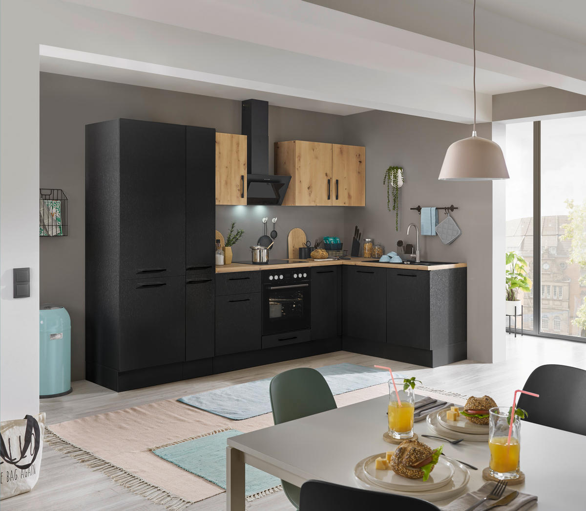 ECKKÜCHE 300/165 cm  in Schwarz, Eiche Artisan  - Schwarz/Eiche Artisan, Basics, Holzwerkstoff/Metall (300/165cm) - MID.YOU