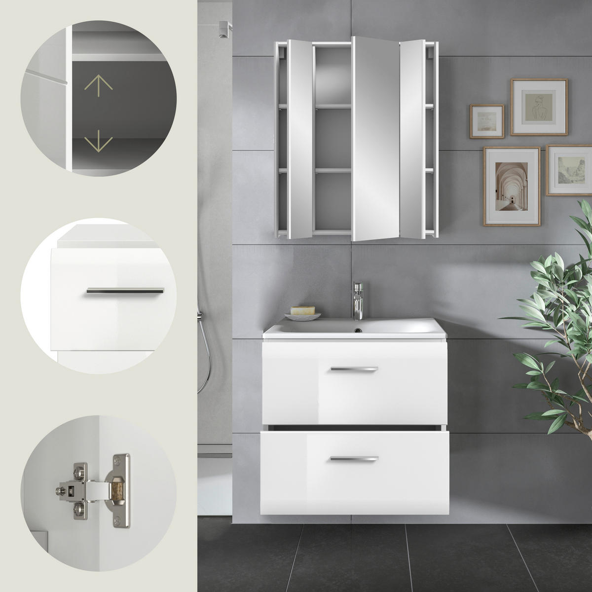 BADEZIMMER 2-teilig 60 cm  - Weiss Hochglanz/Weiss, Modern, Keramik/Holzwerkstoff (60cm) - MID.YOU