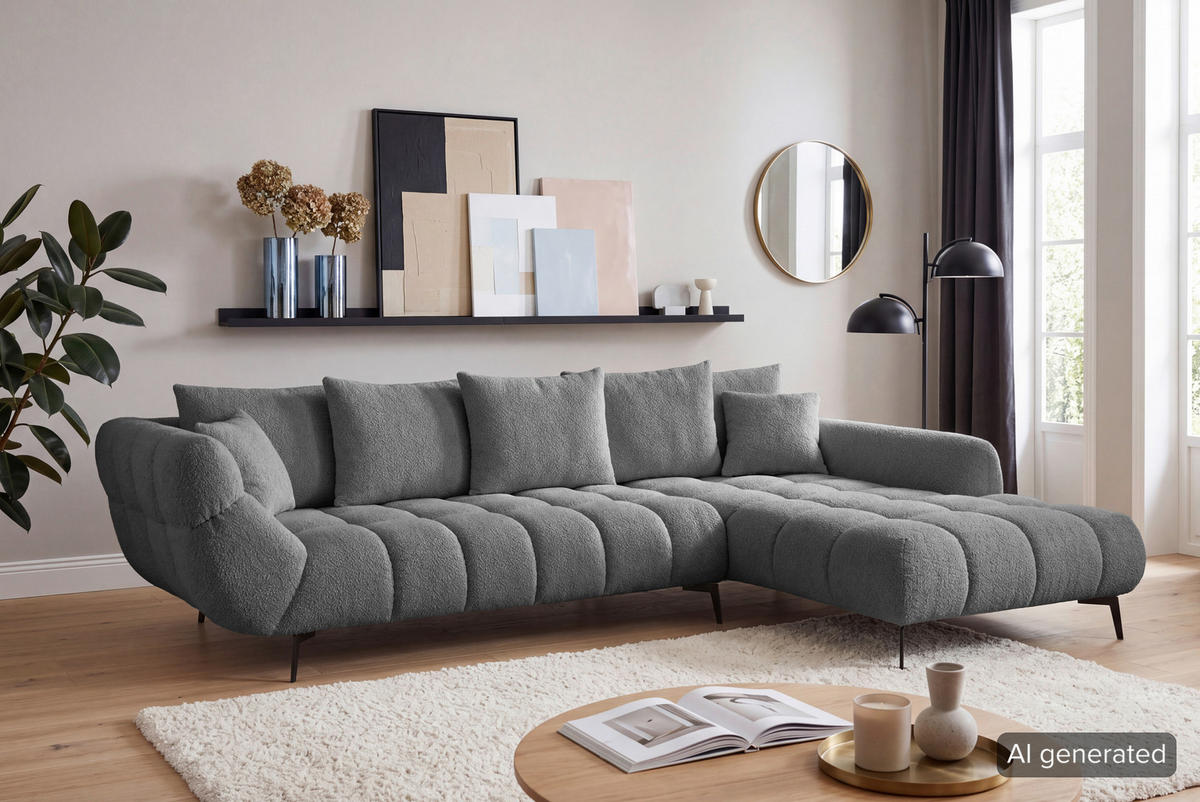 ECKSOFA 318/217 cm  in Bouclé Grau Zierkissen, Rückenkissen, Rücken echt  318/217 cm  - Schwarz/Grau, MODERN, Textil/Metall (318/217cm) - Carryhome