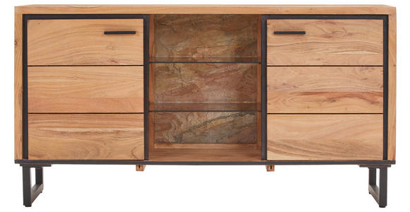 SIDEBOARD Akazie Hartholz Schwarz, Akaziefarben Beleuchtung, Einlegeböden  - Schwarz/Akaziefarben, Design, Glas/Holz (145/77/40cm) - Carryhome