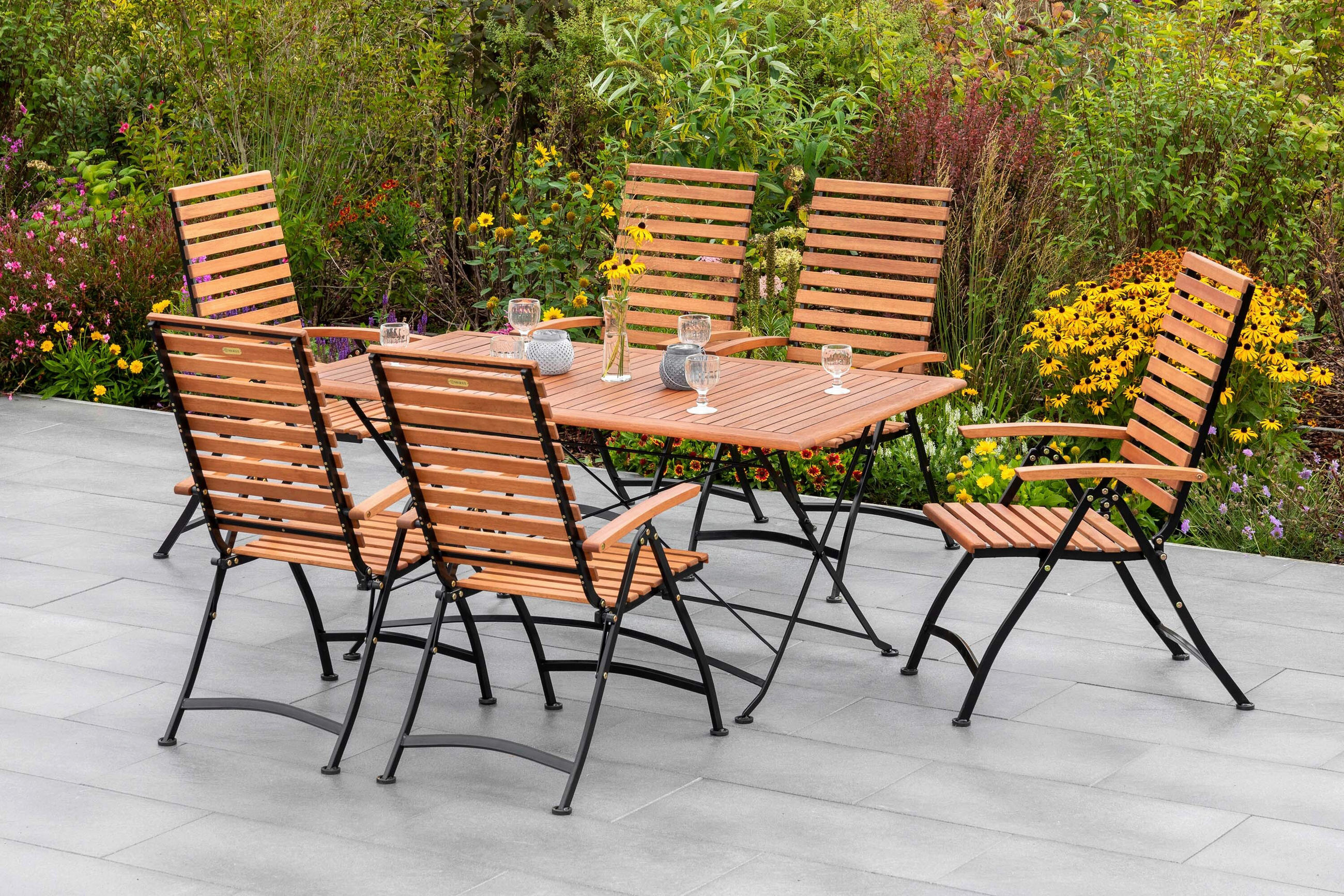 GARTENTISCHGRUPPE Eukalyptusholz Hartholz Stahl  - Schwarz/Naturfarben, KONVENTIONELL, Holz/Metall - Gardenson