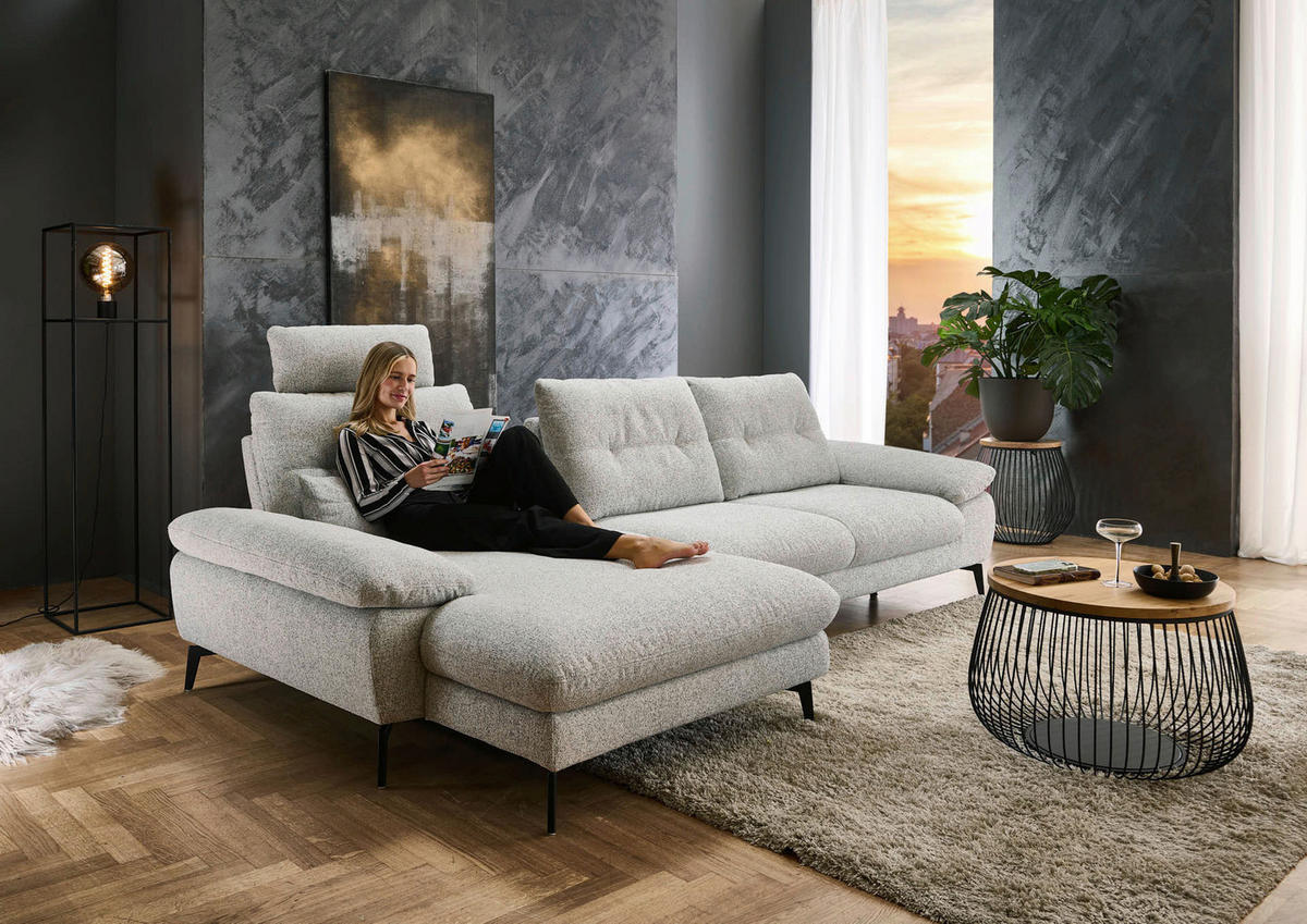 ECKSOFA Hellgrau Flachgewebe  - Hellgrau/Schwarz, Design, Textil/Metall (168/303cm) - Valdera