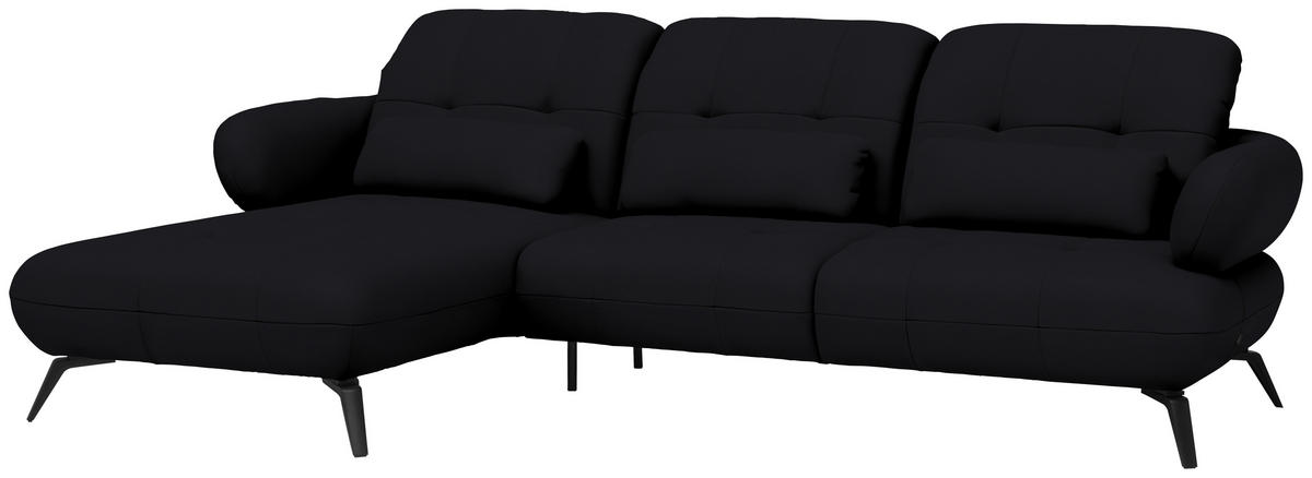 ECKSOFA  in Flachgewebe Schwarz Rücken echt, Kopfteilverstellung  180/282 cm  - Schwarz, MODERN, Textil/Metall (180/282cm) - Novel